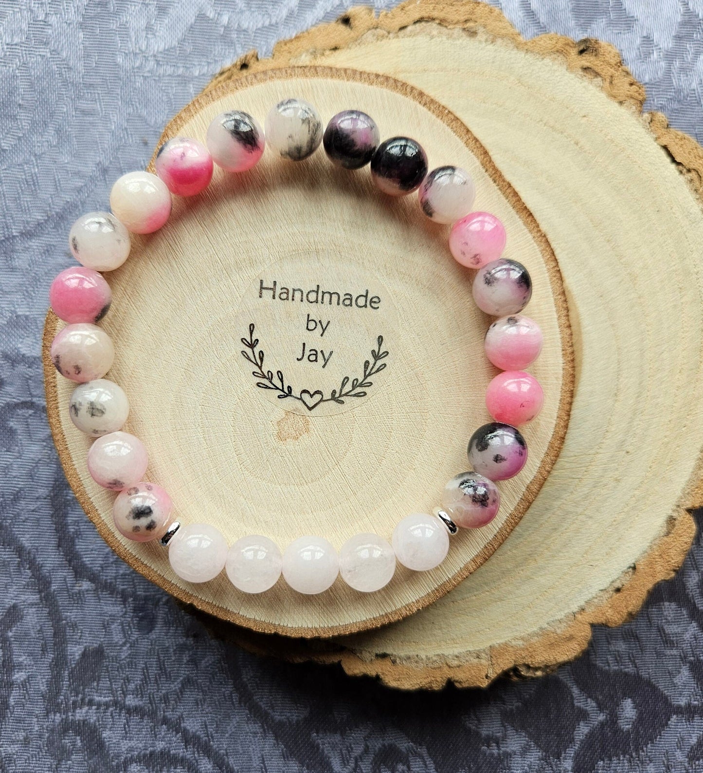 8mm Pink Jade and Rose Quartz Crystal Beaded Gemstone  Bracelet