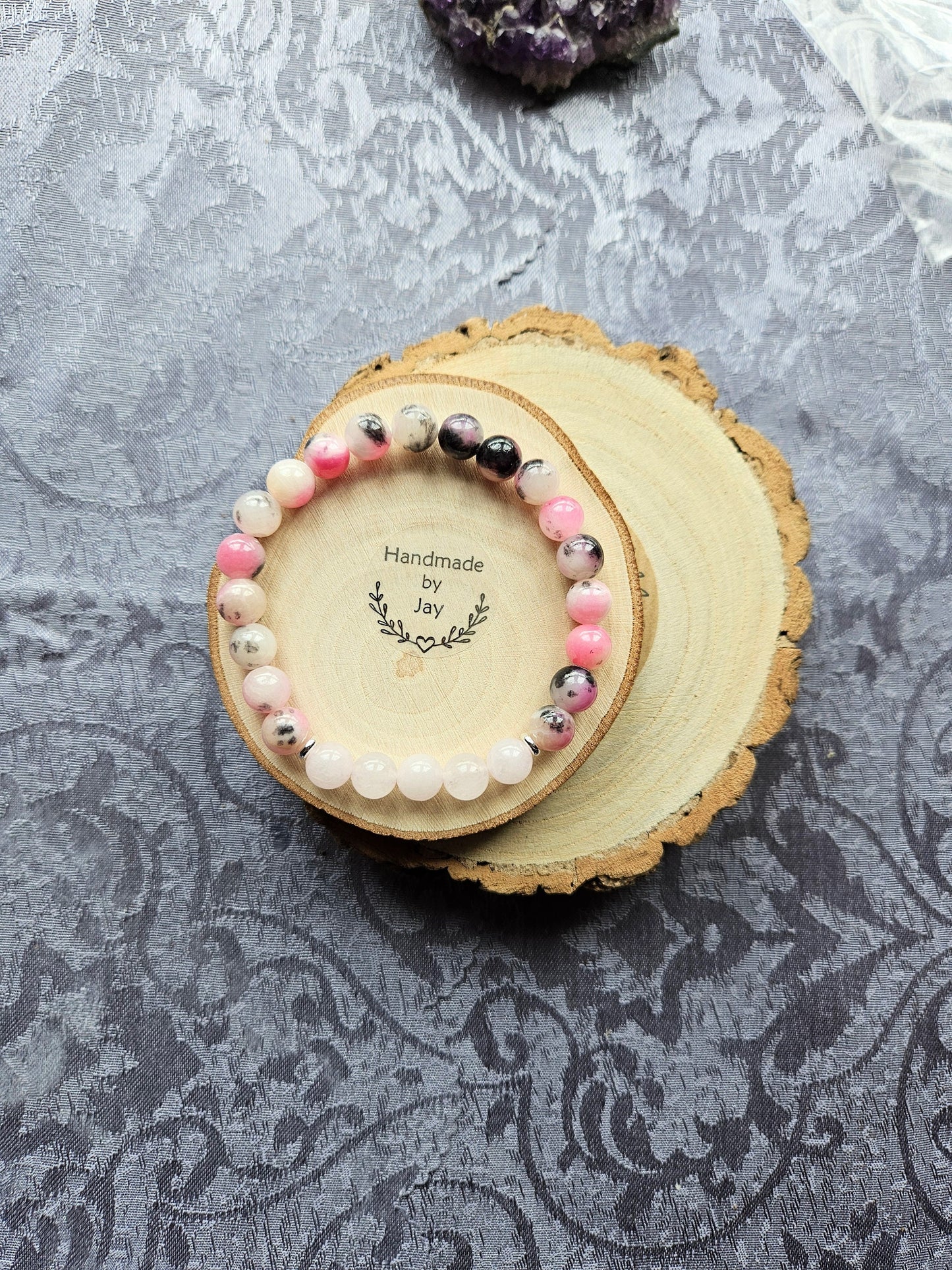 8mm Pink Jade and Rose Quartz Crystal Beaded Gemstone  Bracelet