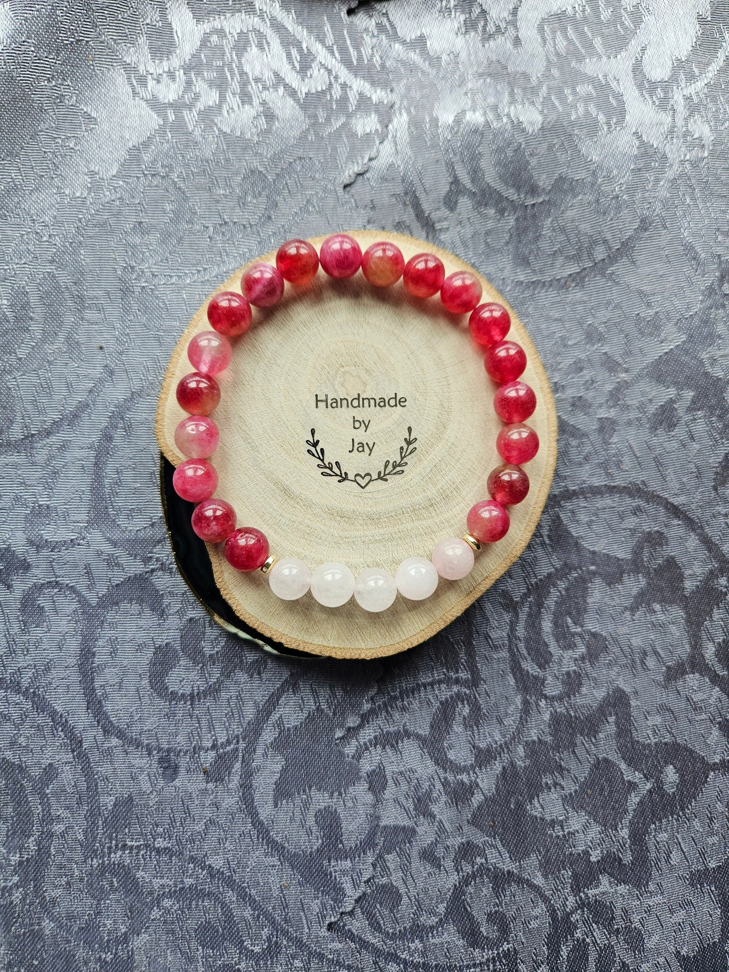 8mm Watermelon Tourmaline and Rose Quartz Crystal Gemstone Beaded Bracelet