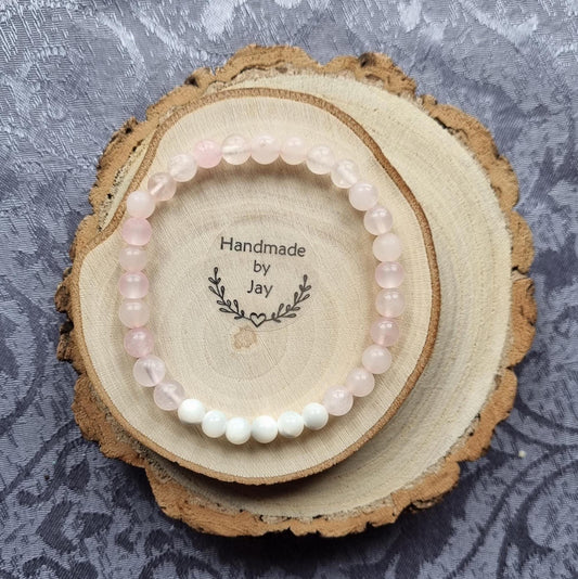 6mm Rose Quartz & Moonstone Crystal Gemstone Beaded Bracelet Crown and Heart Chakras