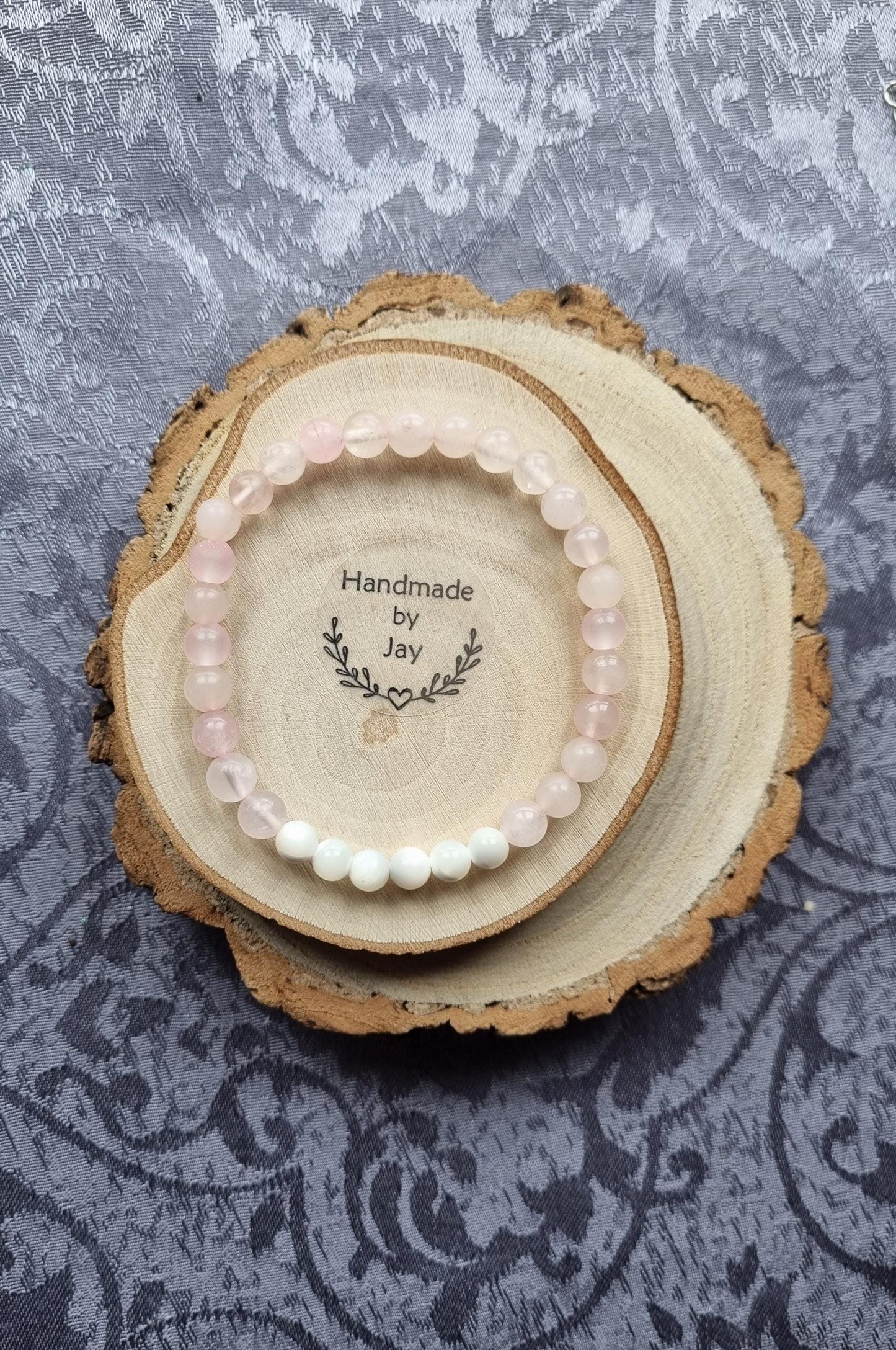 6mm Rose Quartz & Moonstone Crystal Gemstone Beaded Bracelet Crown and Heart Chakras