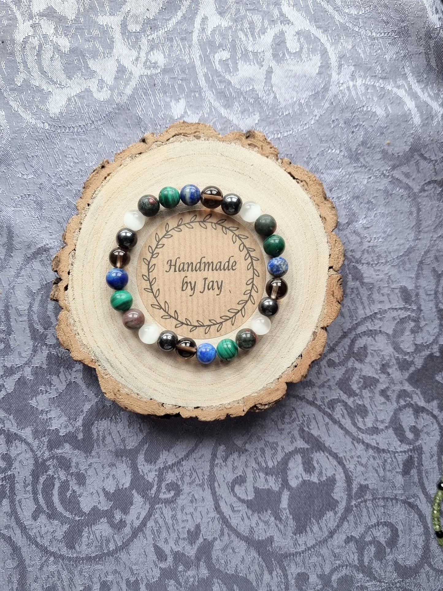 MENS 8mm Tigers Eye, Smoky Quartz, Malachite, Lapis  and Hermatite Crystal Gemstone Beaded Bracelet