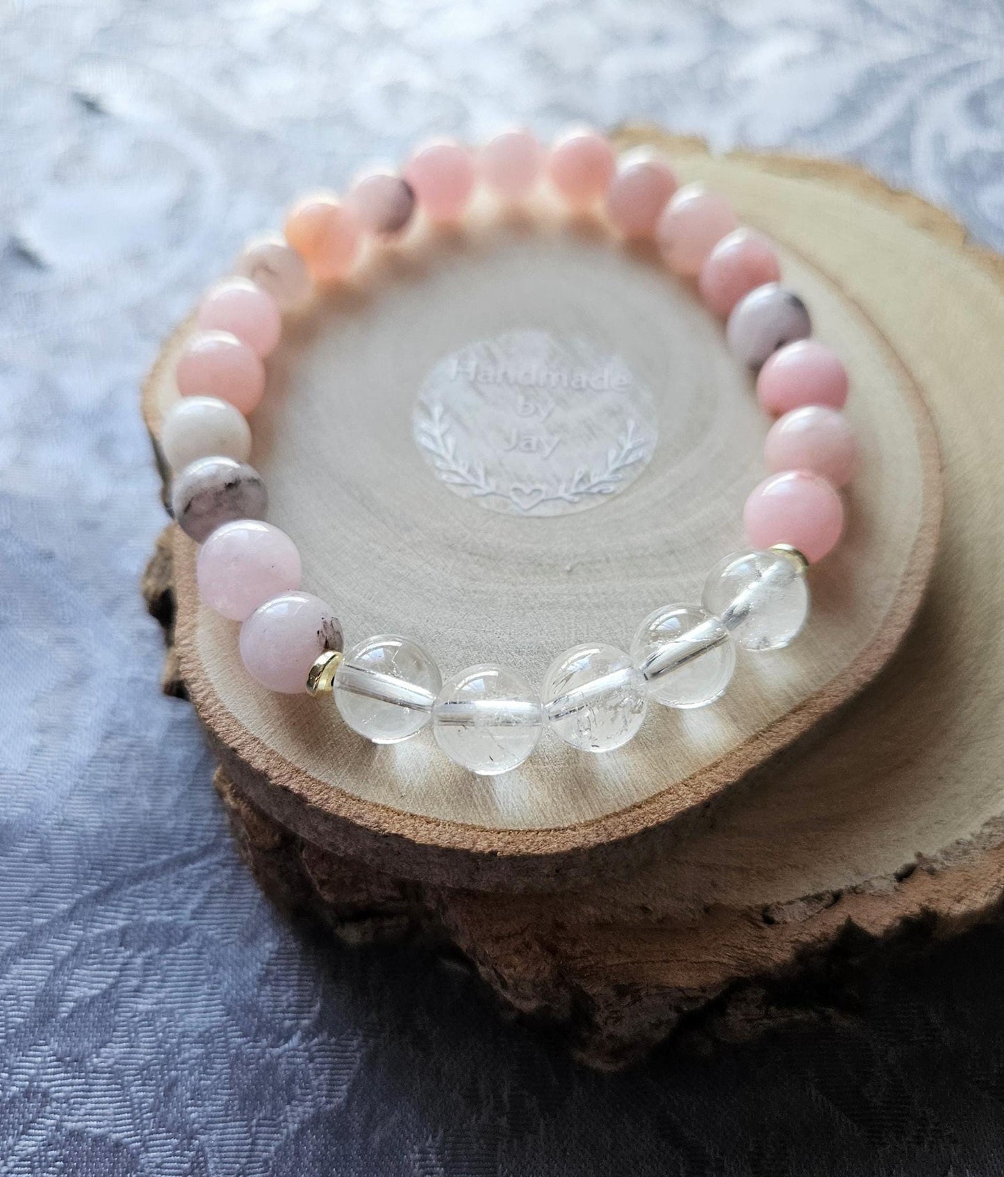 8mm Pink Opal and Clear Rock Quartz for Calming Support Crystal Beaded Gemstone Bracelet Heart Chakra