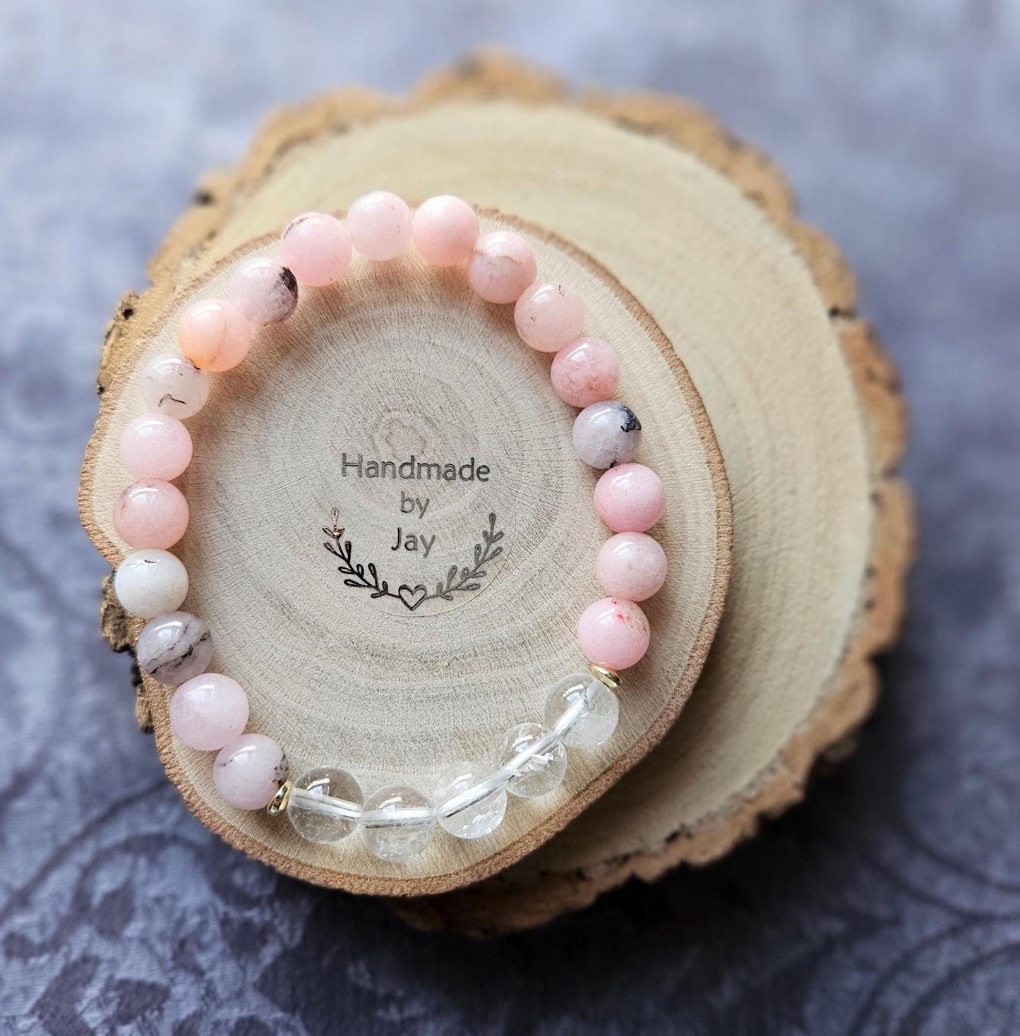 8mm Pink Opal and Clear Rock Quartz for Calming Support Crystal Beaded Gemstone Bracelet Heart Chakra