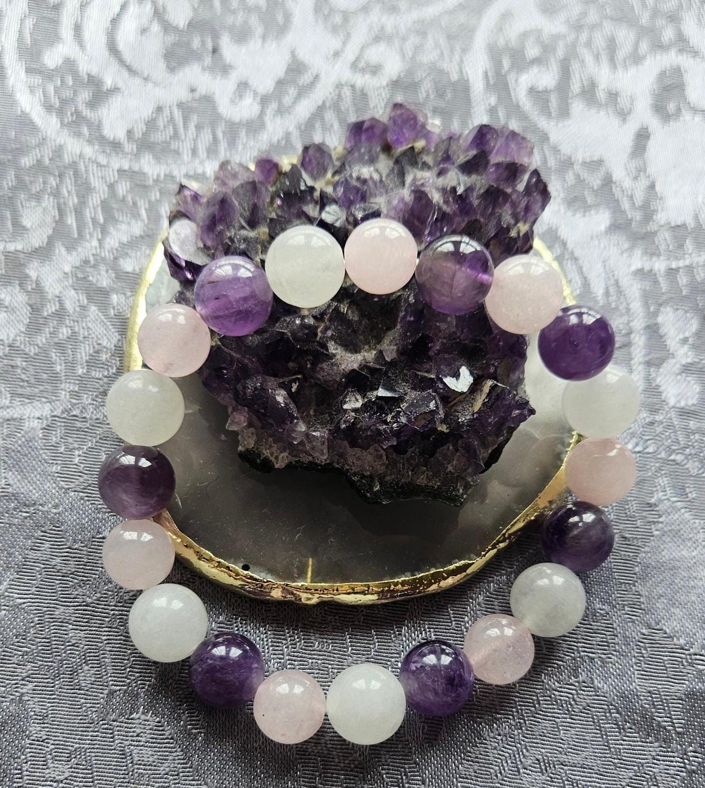 Unique 10mm Rose Quartz, Amethyst and Moonstone Crystal Gemstone Beaded Chakra Bracelet