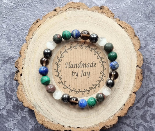 MENS 8mm Tigers Eye, Smoky Quartz, Malachite, Lapis  and Hermatite Crystal Gemstone Beaded Bracelet