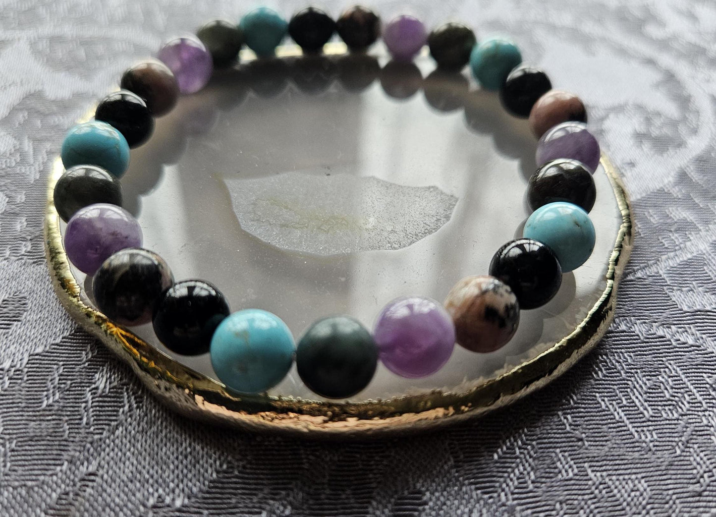 Crystals for issues with Ears,  Hearing and Throat Chakra  Tourmaline, Amethyst, Turquoise, Bloodstone and Rhodonite Crystal Beaded Bracelet