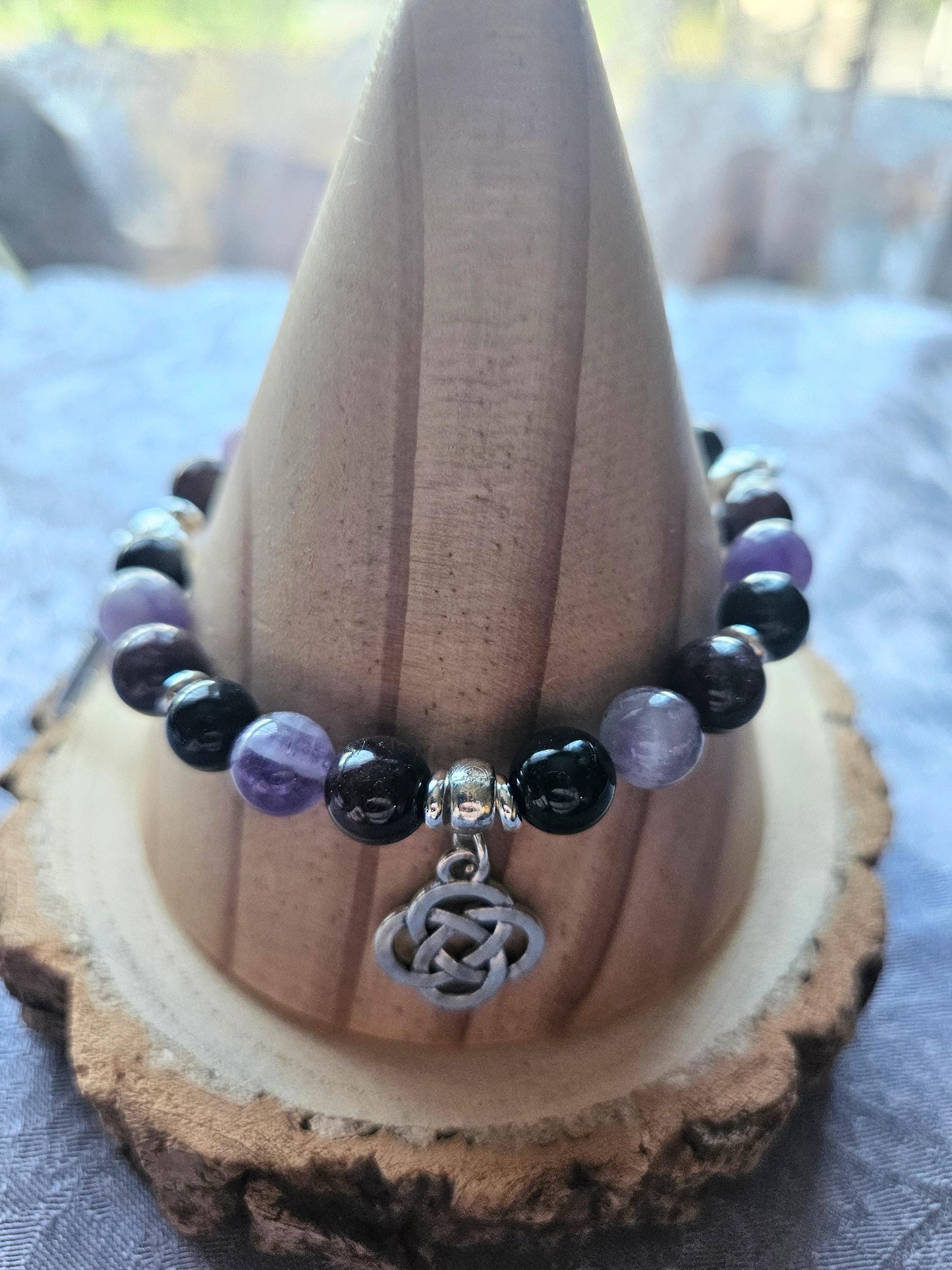 Handmade AAA Natural 8mm  Garnet, Dream Amethyst & Black Tourmaline Crystal Healing Beaded Gemstone Bracelet with  Charms