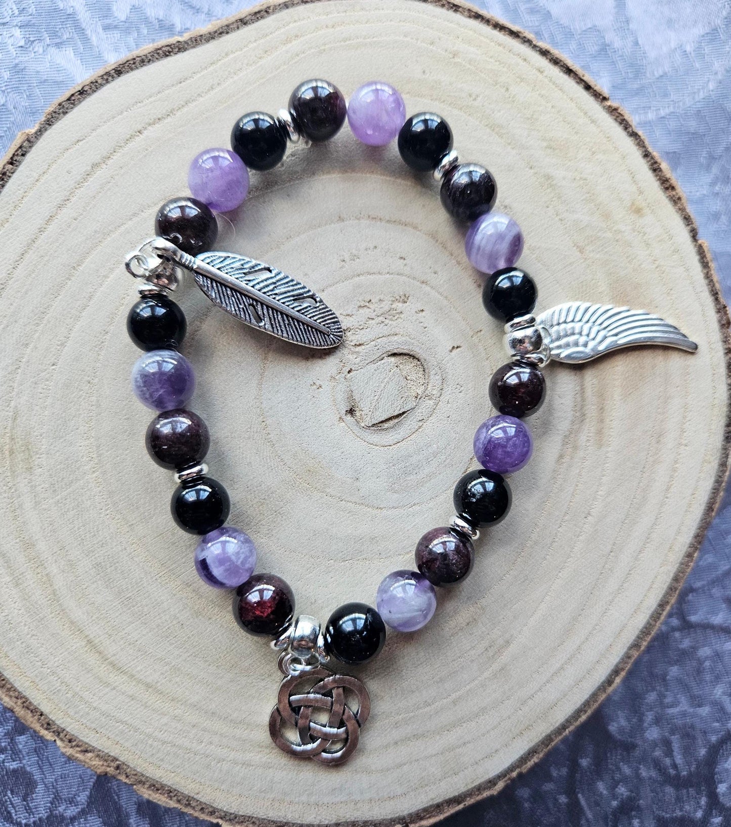 Handmade Garnet, Amethyst & Tourmaline Crystal Healing Bracelet with Charms