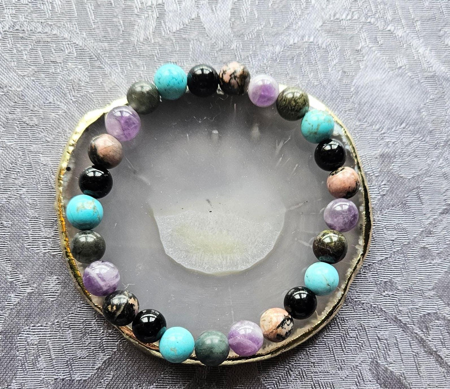 Crystals for issues with Ears,  Hearing and Throat Chakra  Tourmaline, Amethyst, Turquoise, Bloodstone and Rhodonite Crystal Beaded Bracelet