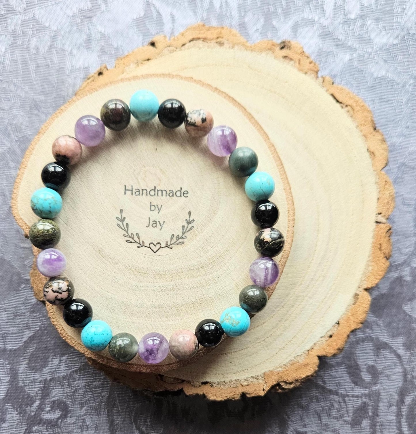 Crystals for issues with Ears,  Hearing and Throat Chakra  Tourmaline, Amethyst, Turquoise, Bloodstone and Rhodonite Crystal Beaded Bracelet