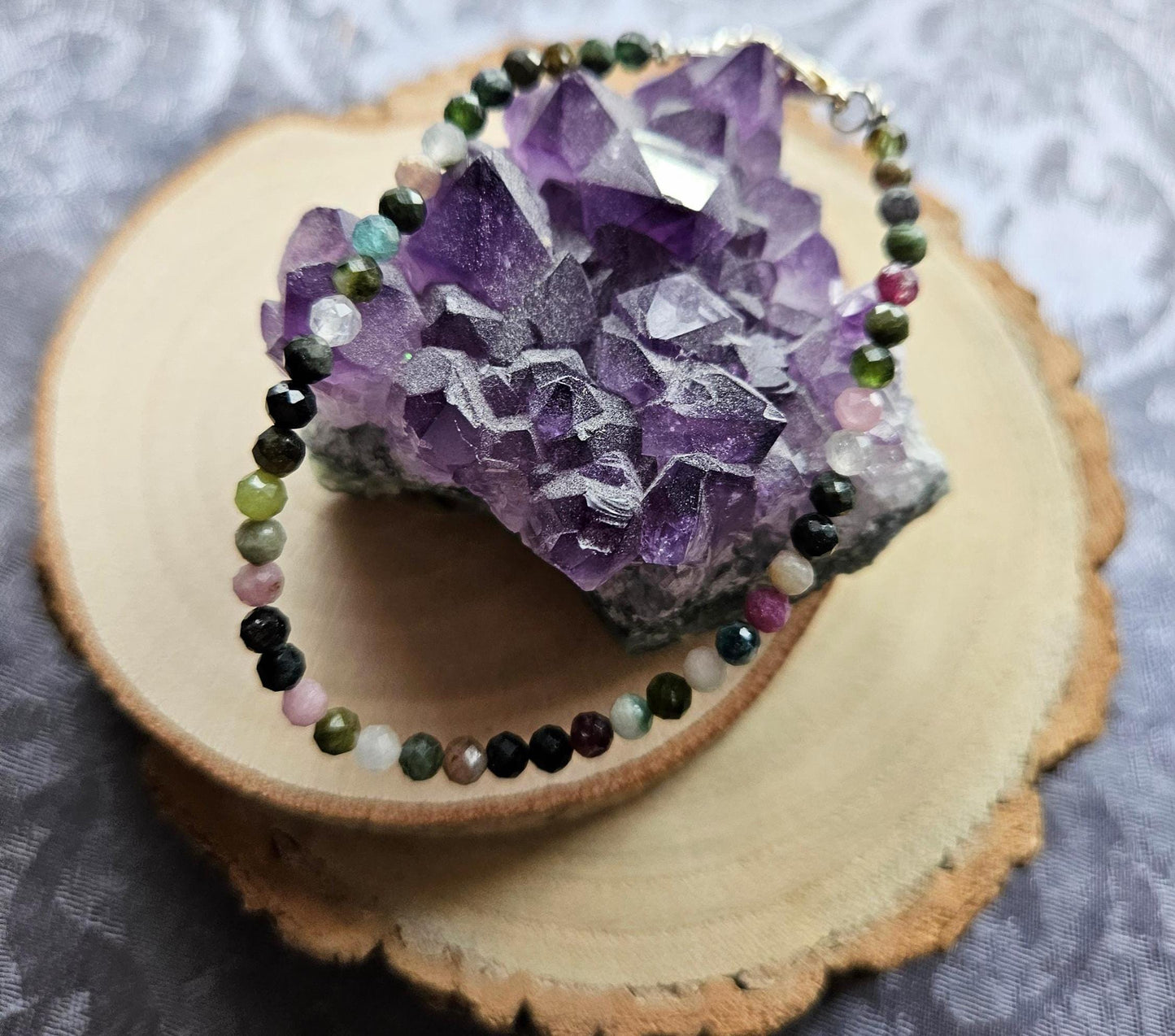 3mm Faceted Rainbow Tourmaline Crystal Gemstone Beaded 925 Sterling Silver Bracelet