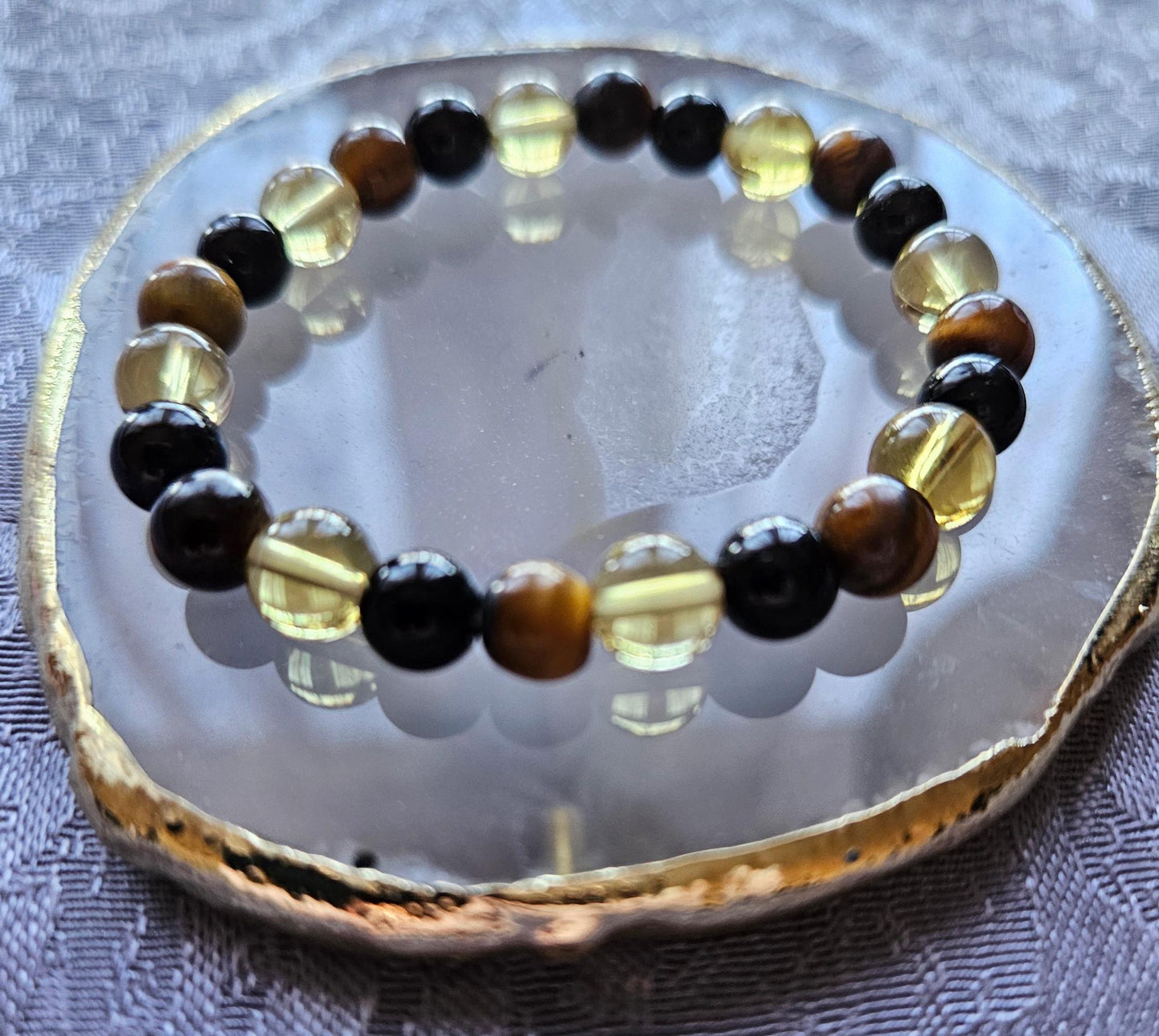 Citrine, Black Tourmaline & Tigers Eye Crystal Gemstone Beaded Bracelet