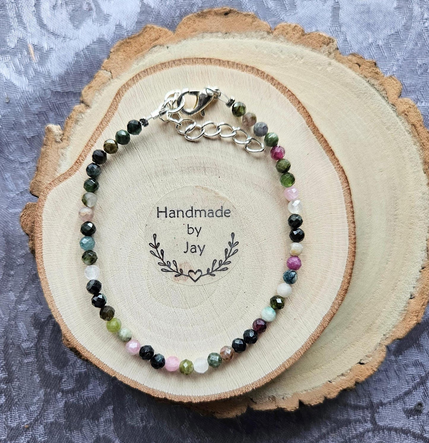 3mm Faceted Rainbow Tourmaline Crystal Gemstone Beaded 925 Sterling Silver Bracelet