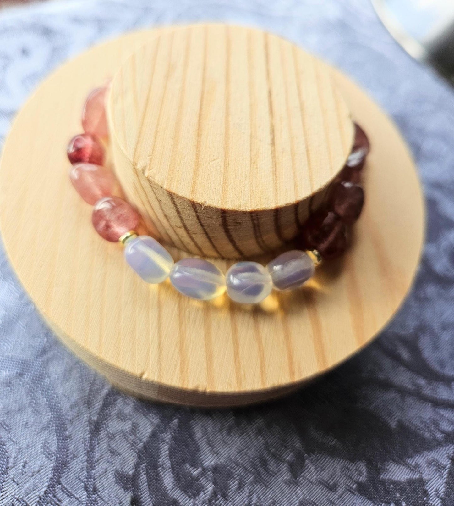 Natural Moonstone & Strawberry Quartz Crystal Gemstone Beaded Bracelet for Fatigue and Aligning the Chakras