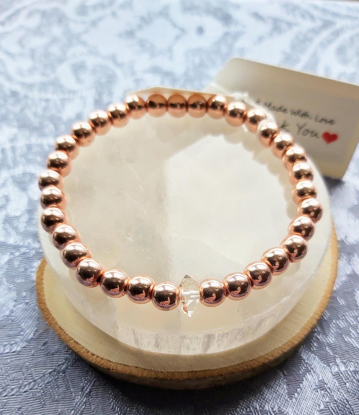 Handmade 6mm Rose Gold Hematite Bracelet with Herkimer Diamond