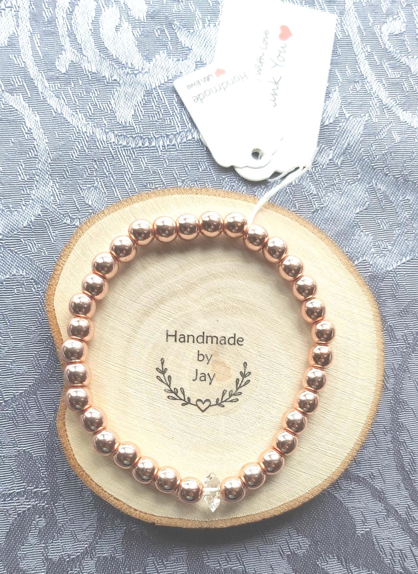 Handmade 6mm Rose Gold Hematite Bracelet with Herkimer Diamond