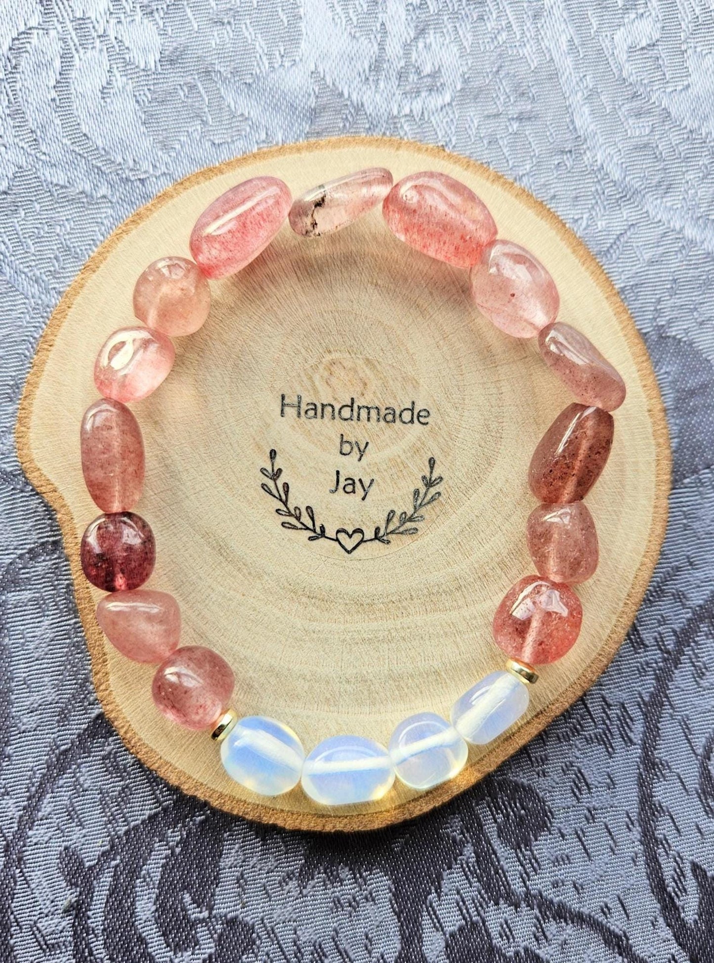 Natural Moonstone & Strawberry Quartz Crystal Gemstone Beaded Bracelet for Fatigue and Aligning the Chakras