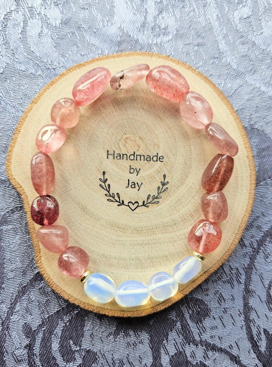 Natural Moonstone & Strawberry Quartz Crystal Beaded Bracelet for Fatigue and Aligning the Chakras