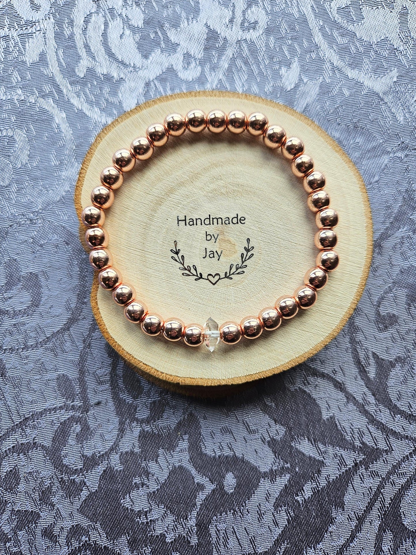 Handmade 6mm Rose Gold Hematite Bracelet with Herkimer Diamond