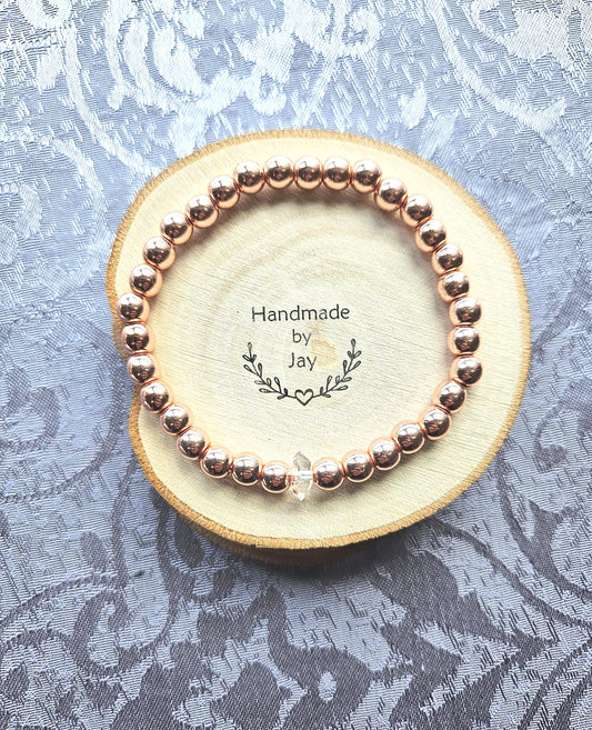 Handmade 6mm Rose Gold Hematite Bracelet with Herkimer Diamond