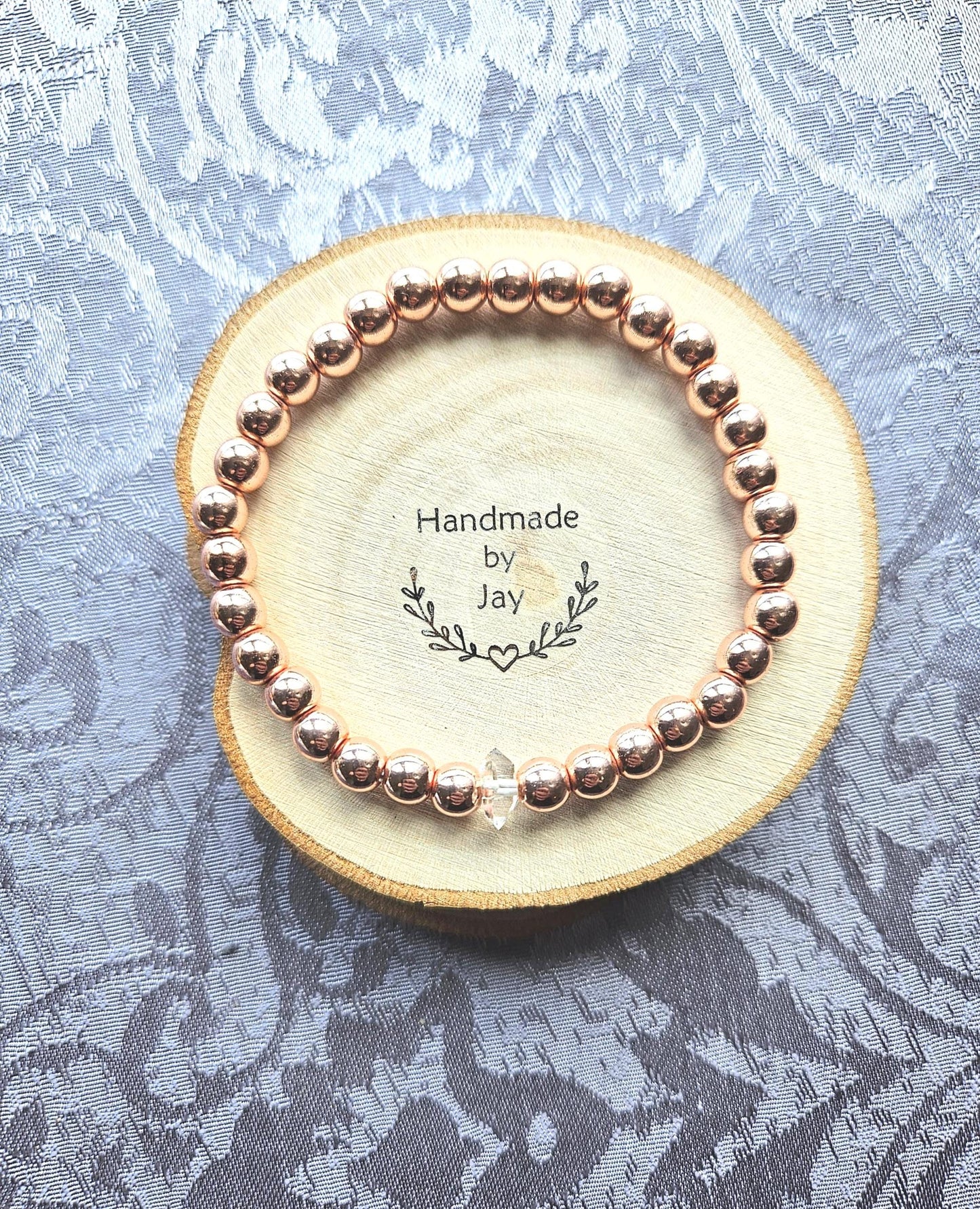 Handmade Rose Gold Hematite Bracelet with Herkimer Diamond