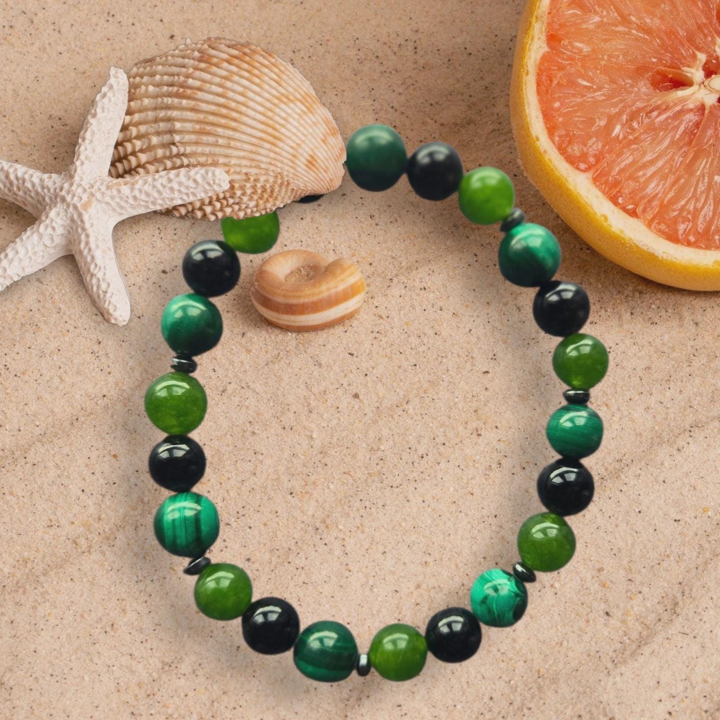 Green Malachite, Jade & Black Onyx Crystal Gemstone Beaded Bracelet