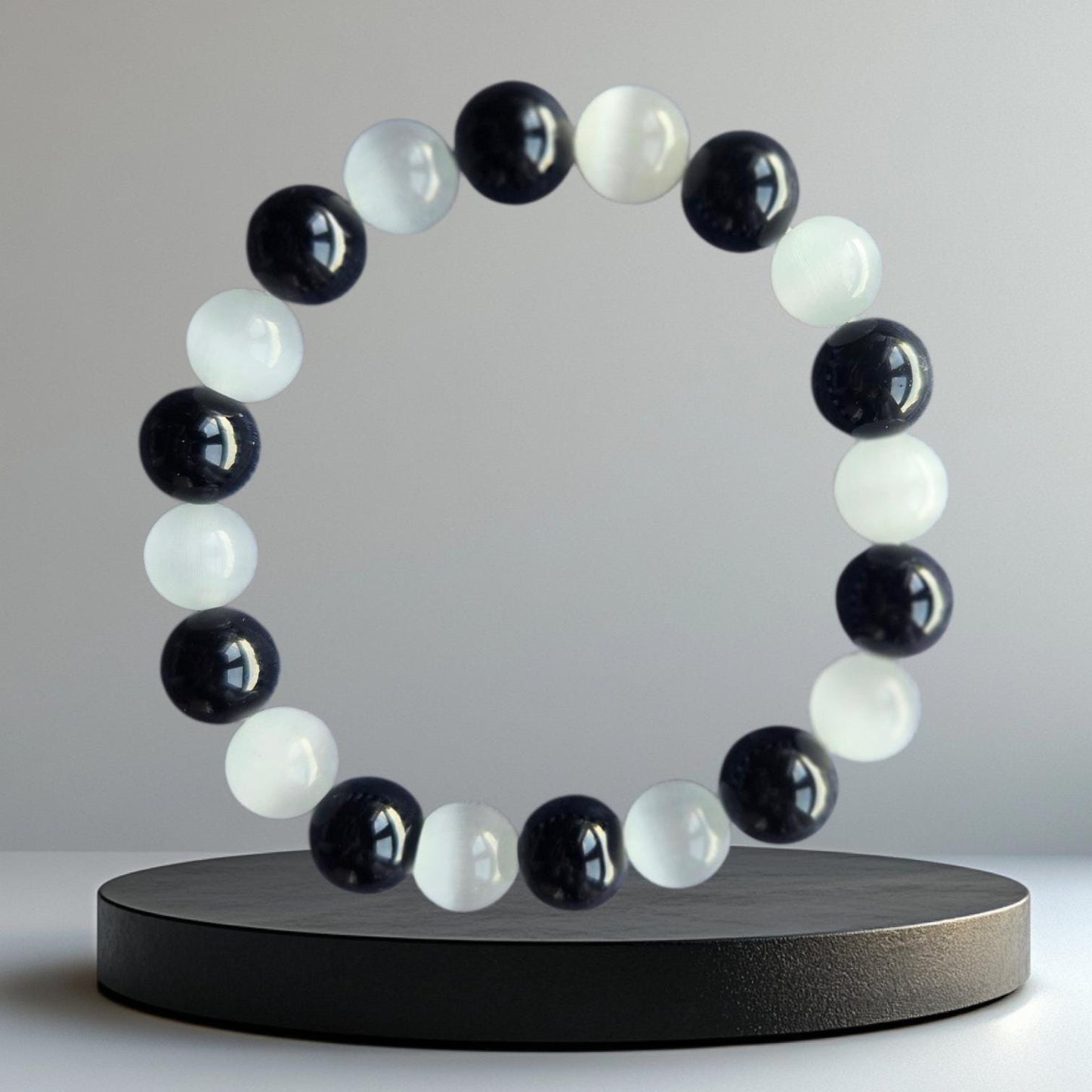 Selenite & Black Tourmaline Bracelet: Crystal Healing, Grounding, Reiki Charged