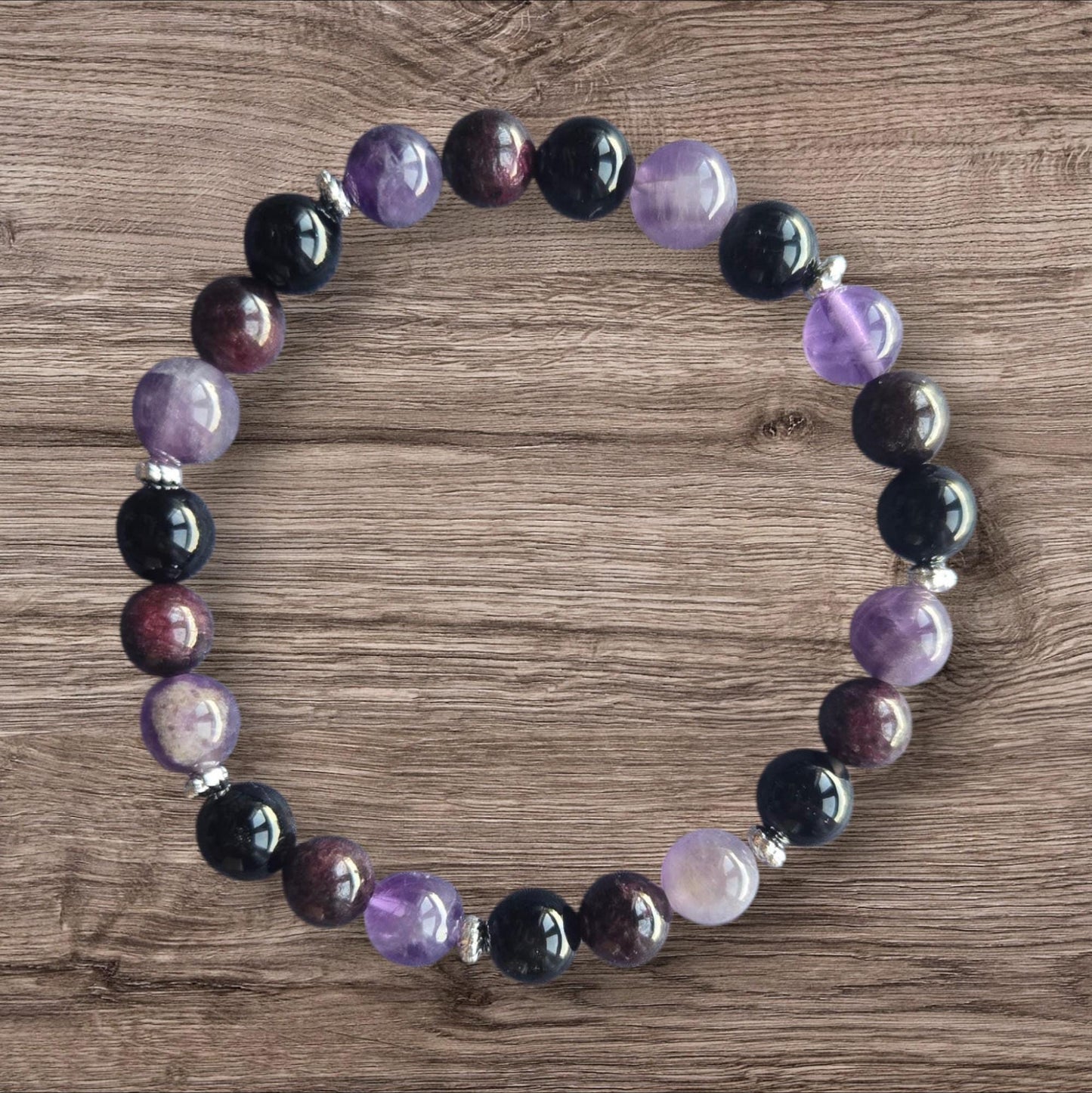 Natural Garnet, Amethyst & Black Tourmaline Crystal Gemstone Beaded Bracelet