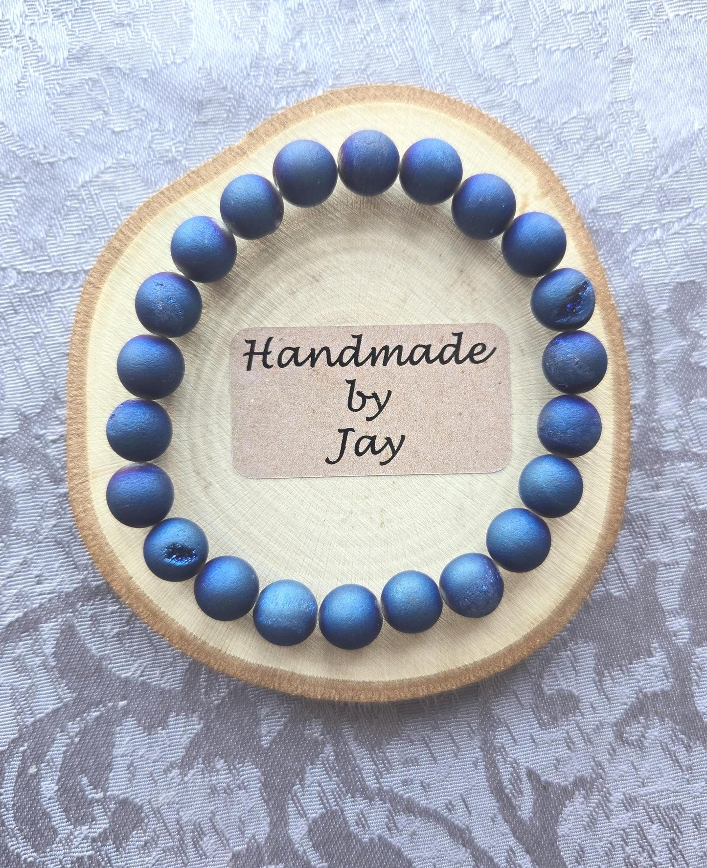 Dark Blue Druzy Onyx Bracelet: 8mm Crystal Healing Gemstone