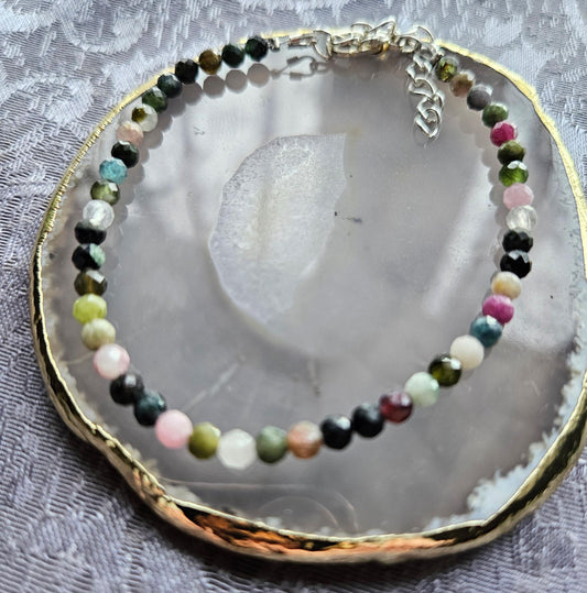 3mm Faceted Rainbow Tourmaline Crystal Gemstone Beaded 925 Sterling Silver Bracelet