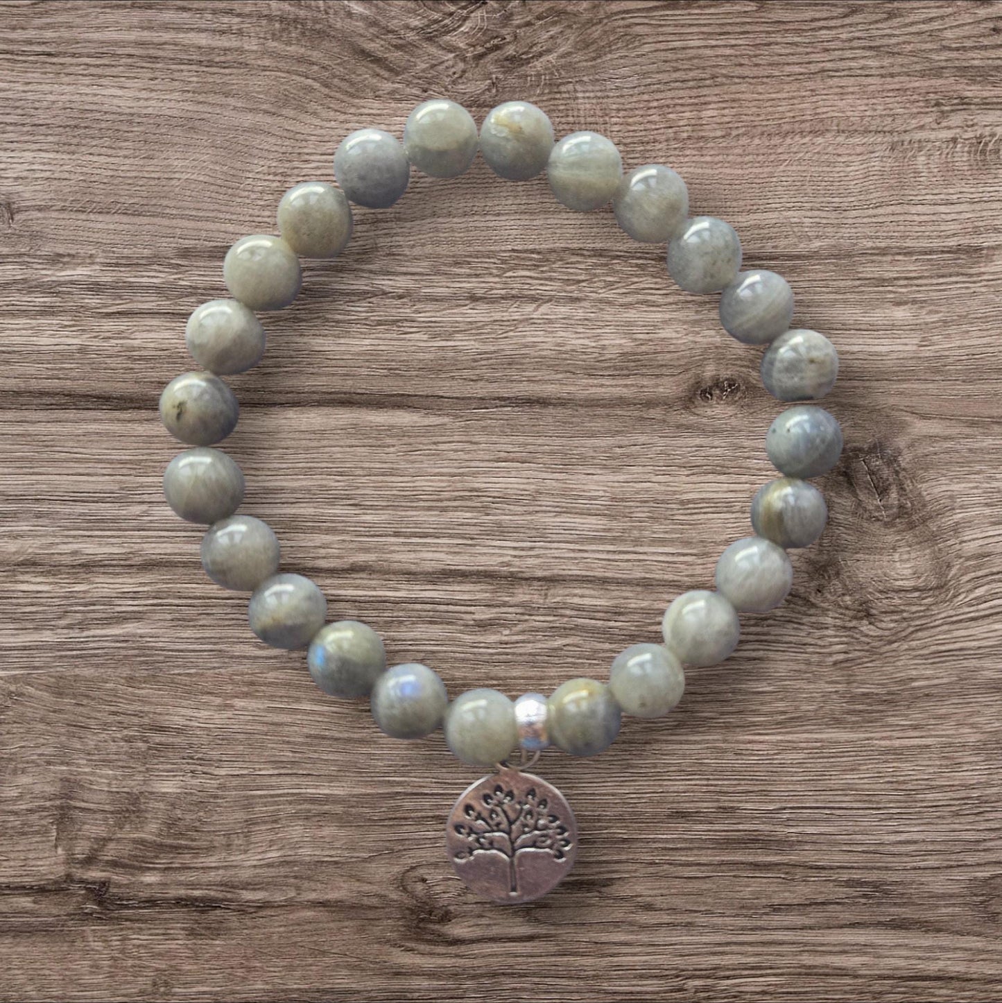 Labradorite Crystal Beaded Bracelet: Tree of Life Charm, Handmade Healing Jewelry