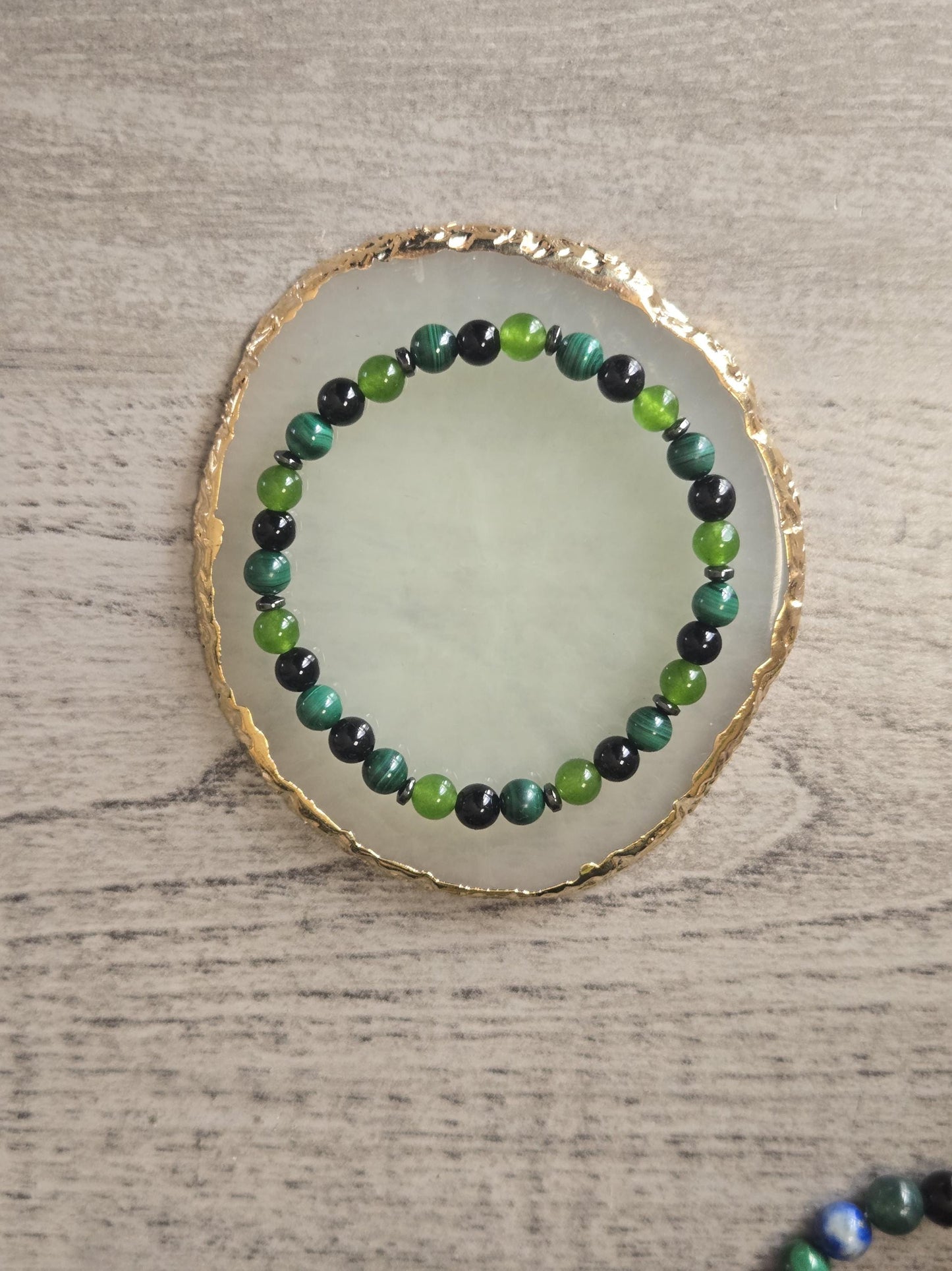 Handmade Jade, Malachite & Onyx Gemstone Bracelet: Grounding, Protection