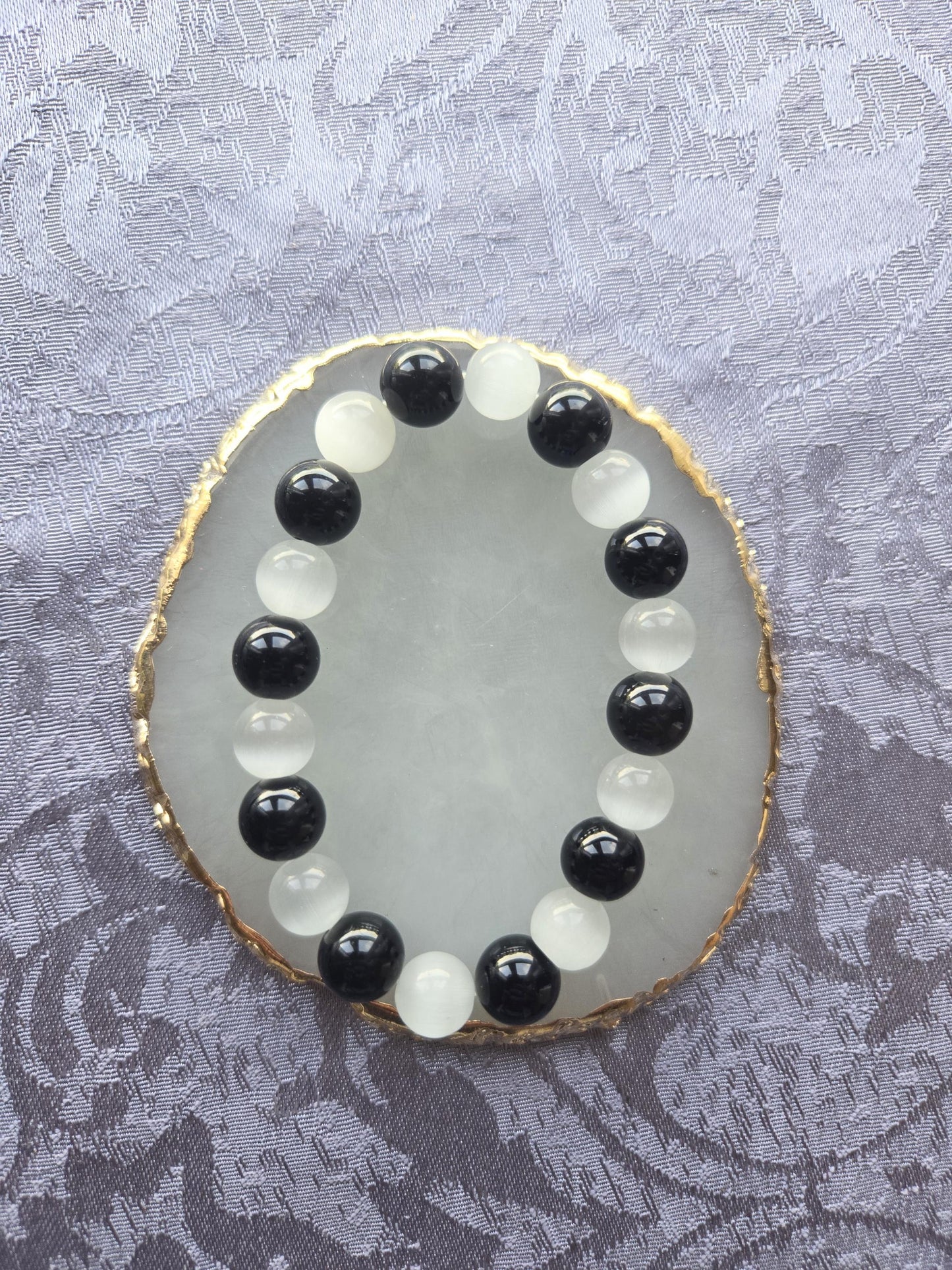 Selenite & Black Tourmaline Grounding Crystal Elasticated Beaded Gemstone Bracelet