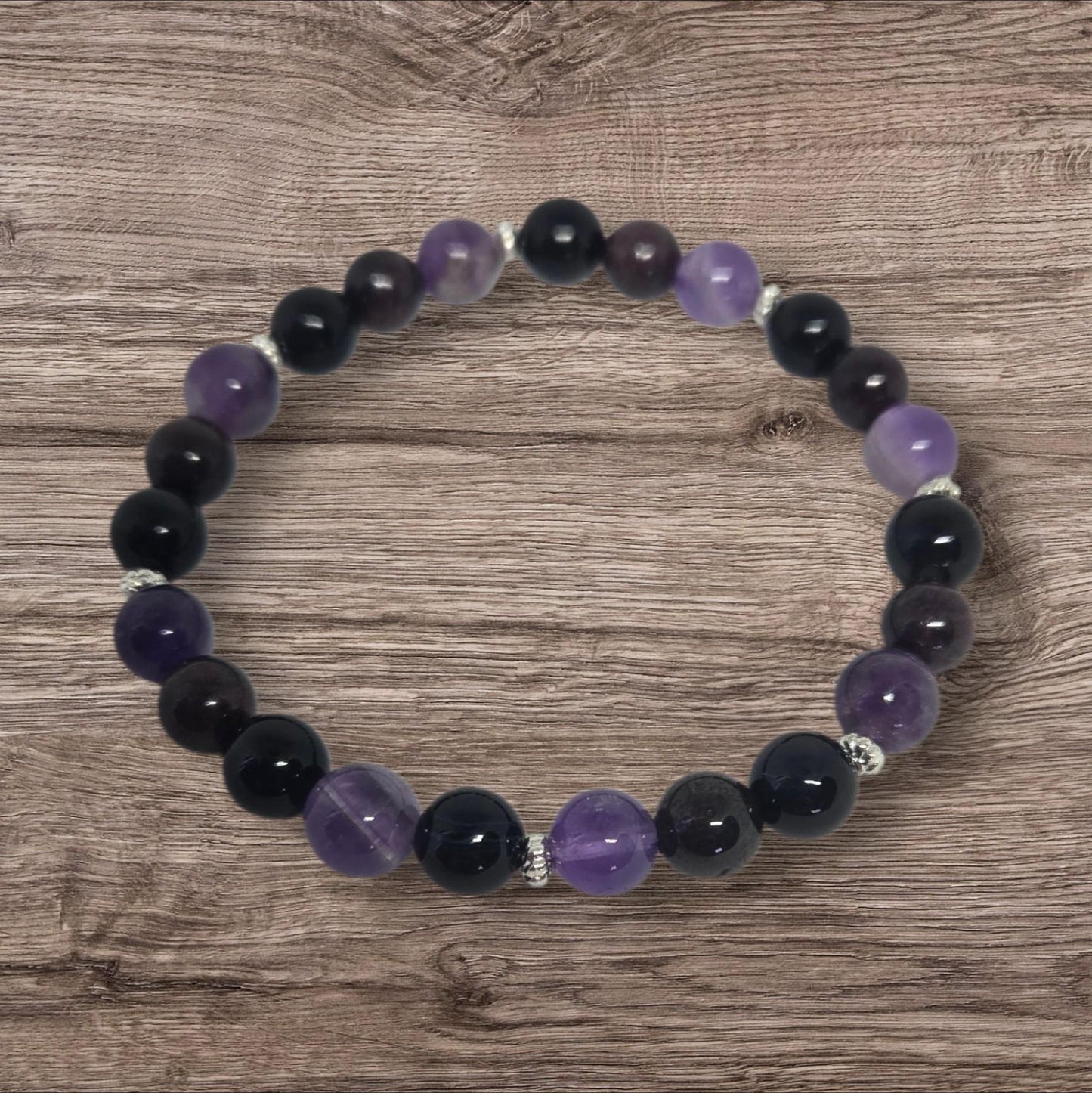 Natural Garnet, Amethyst & Black Tourmaline Crystal Gemstone Beaded Bracelet