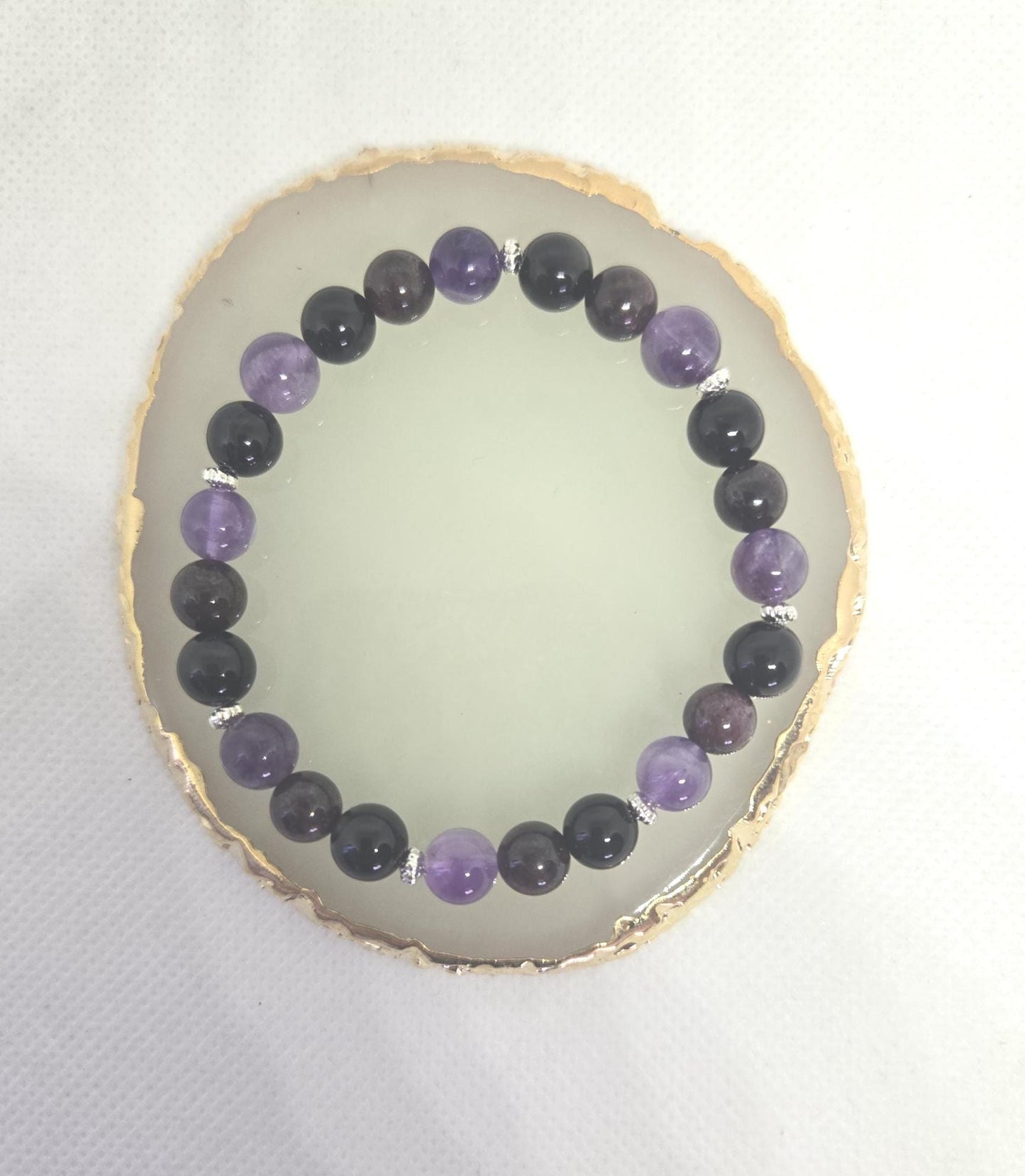 Natural Garnet, Amethyst & Black Tourmaline Crystal Gemstone Beaded Bracelet