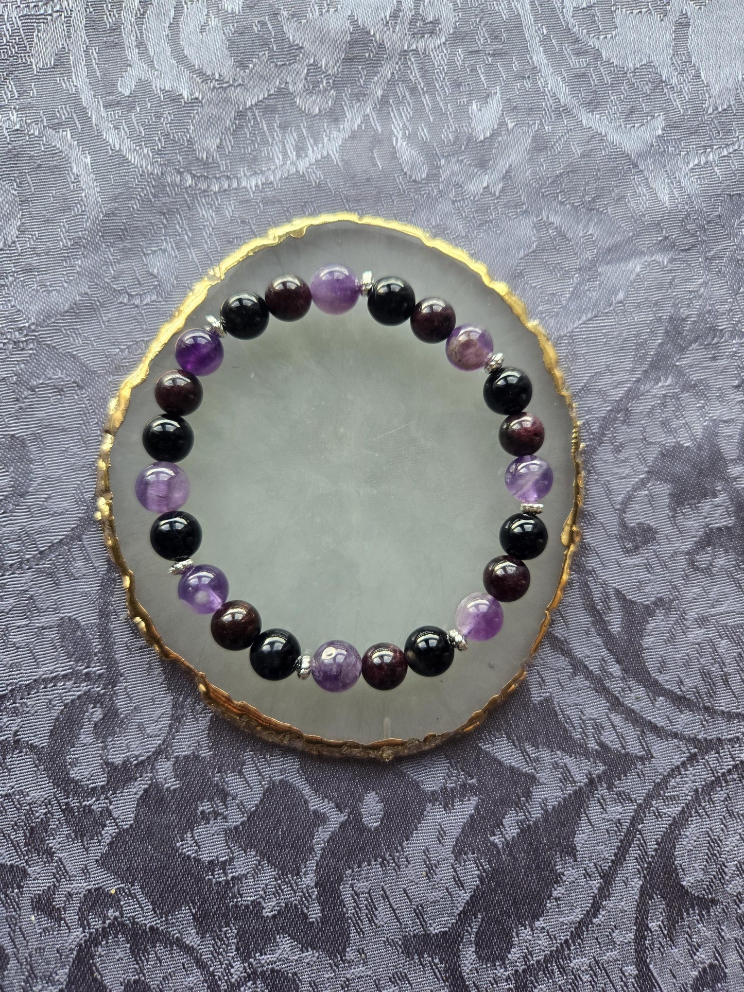 Natural Garnet, Amethyst & Black Tourmaline Crystal Gemstone Beaded Bracelet