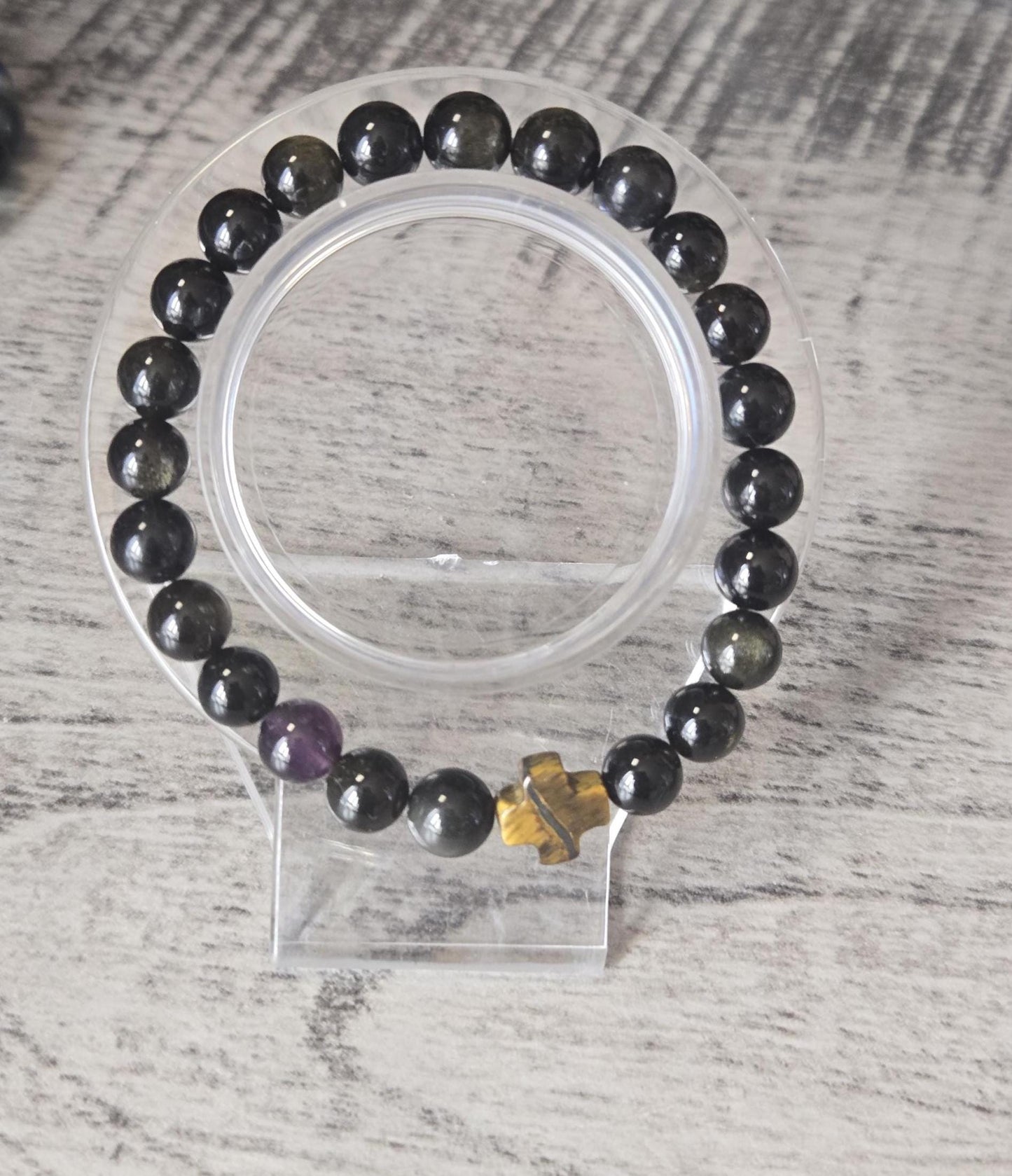 Black Obsidan and Tigers Eye Cross Crystal Beaded Gemstone Bracelet