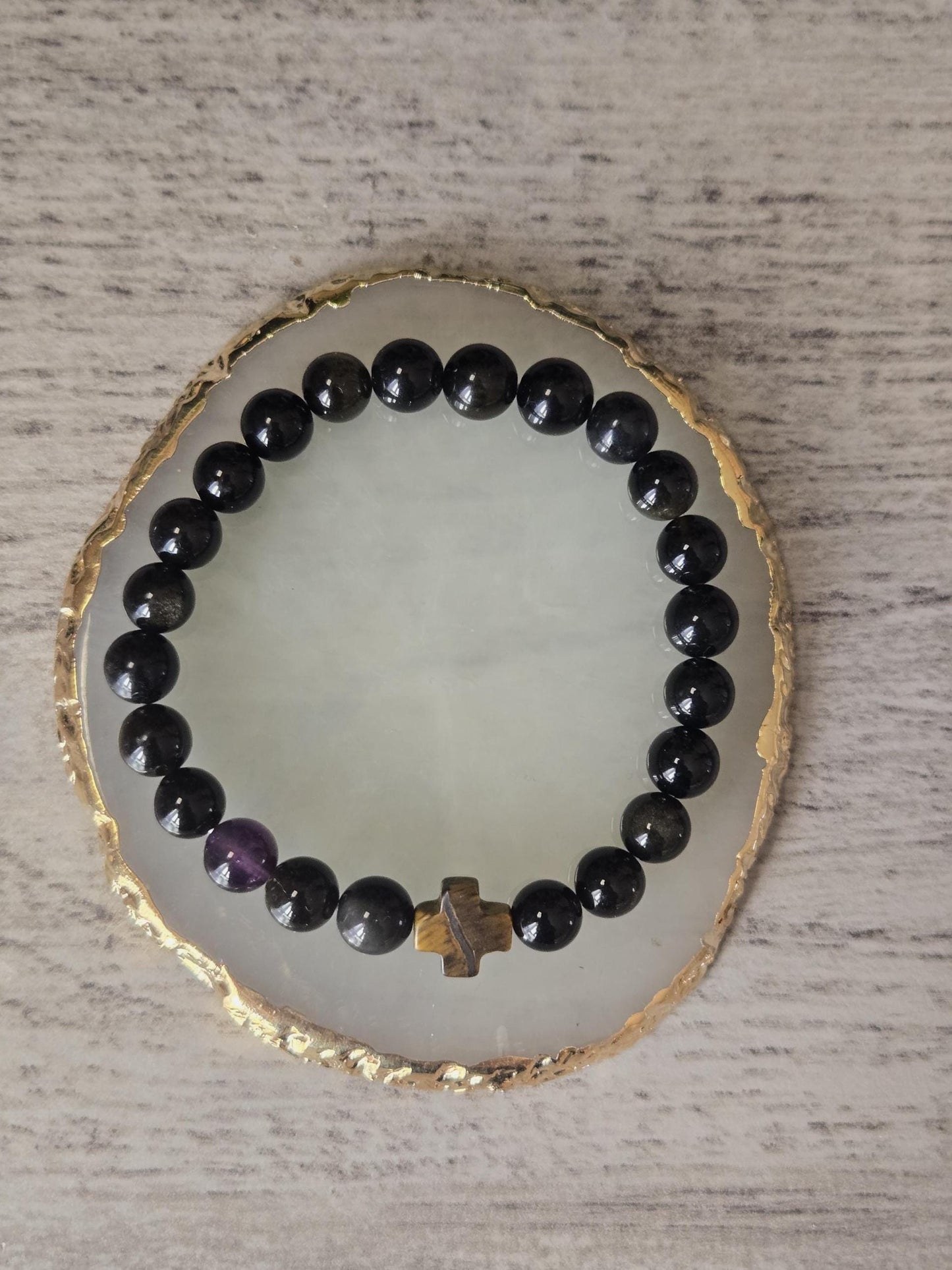 Black Obsidan and Tigers Eye Cross Crystal Beaded Gemstone Bracelet