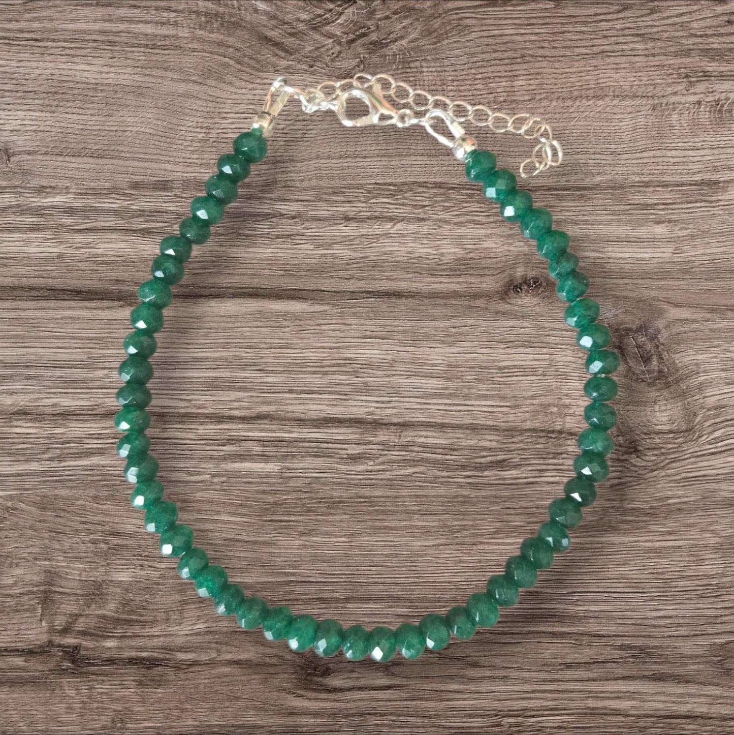 4mm Faceted Emerald Crystal Healing Beaded 925 Sterling Silver Gemstone Bracelet