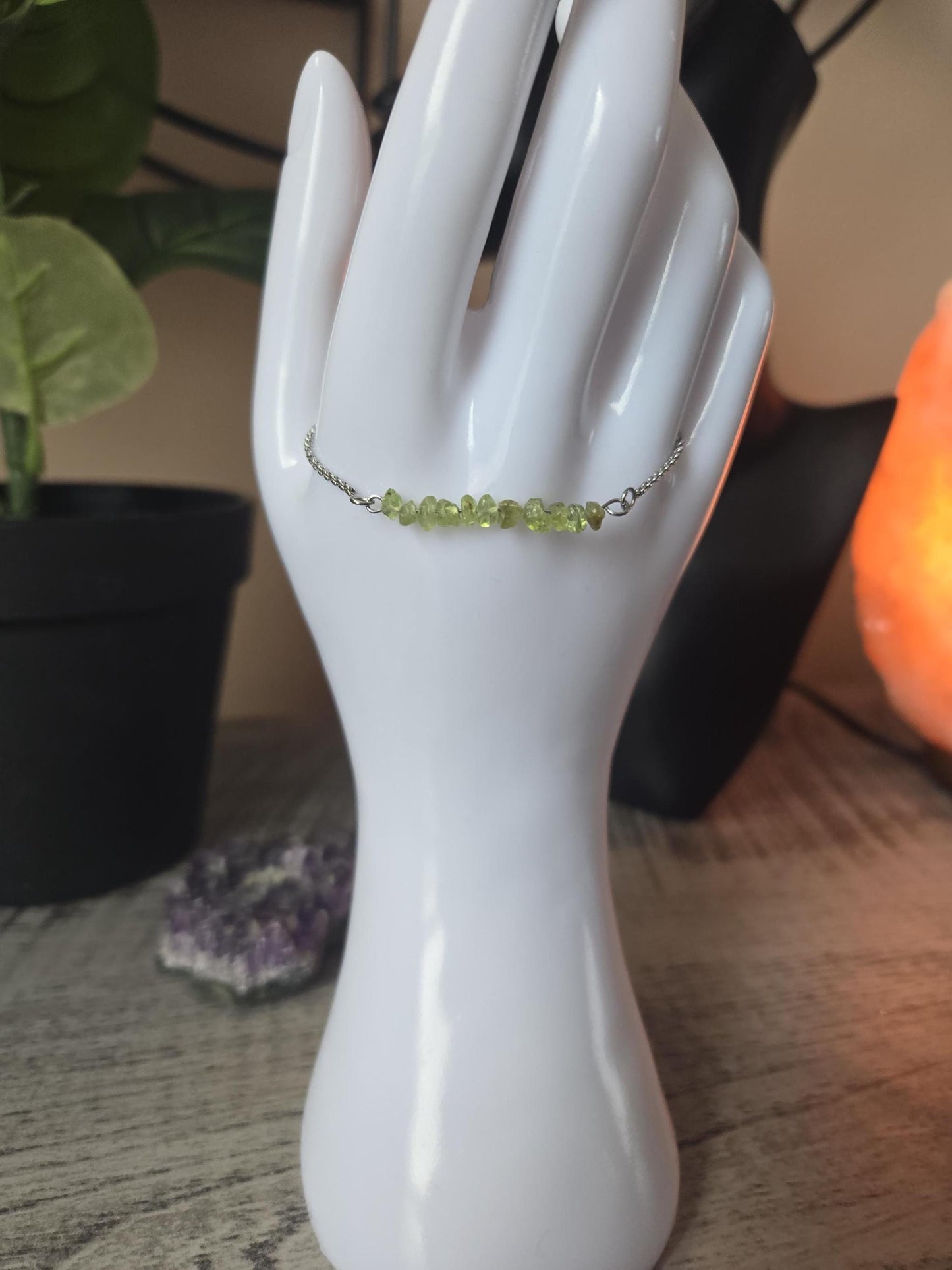 Stainless Steel Peridot Crystal Gemstone Beaded Bracelet Jewellery