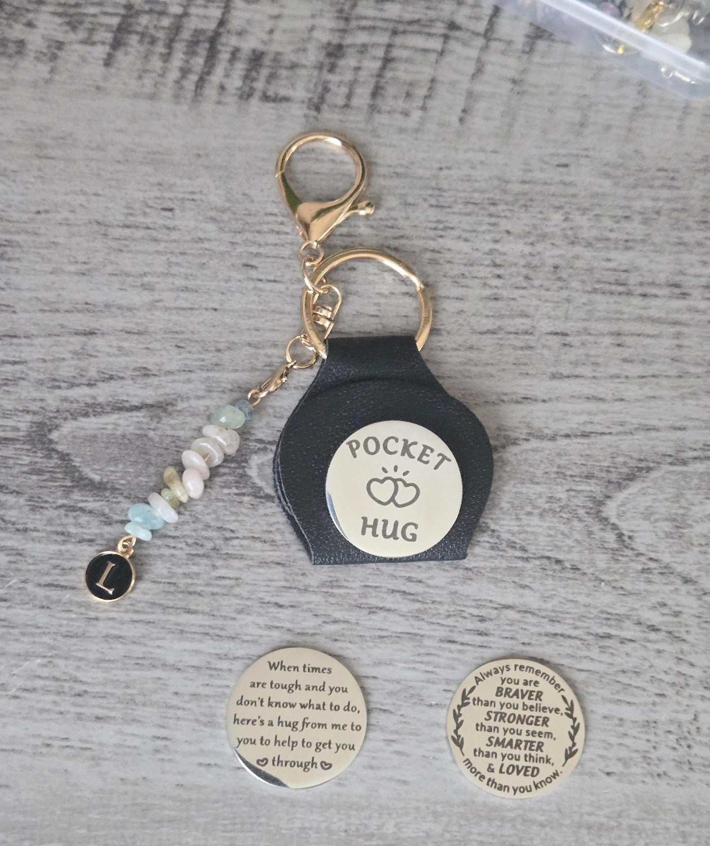 Personalise your Leather Pocket Hug Token Keepsake Keyring Crystal Gemstone Crystal Charm