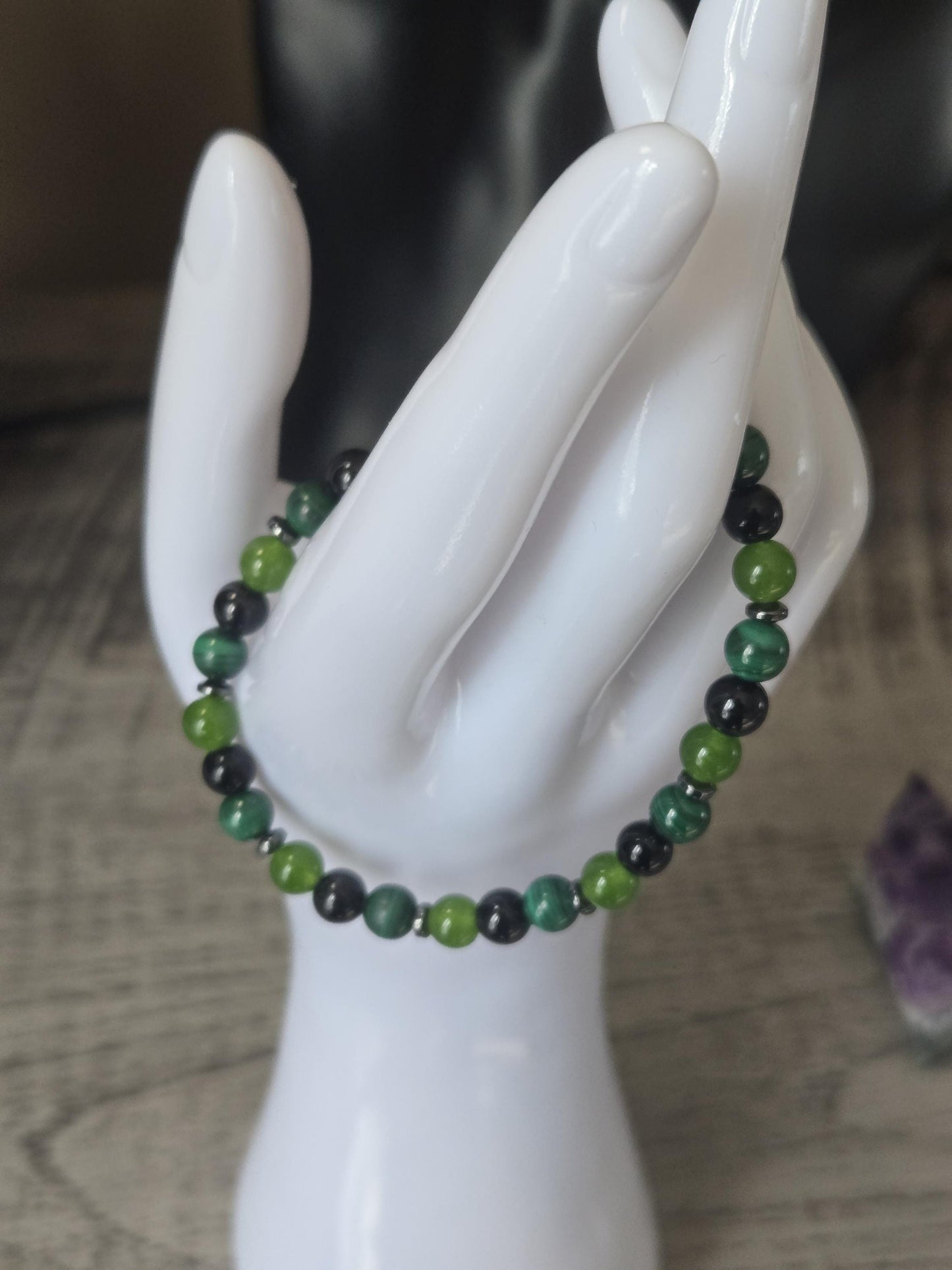 Handmade Jade, Malachite & Onyx Gemstone Bracelet: Grounding, Protection