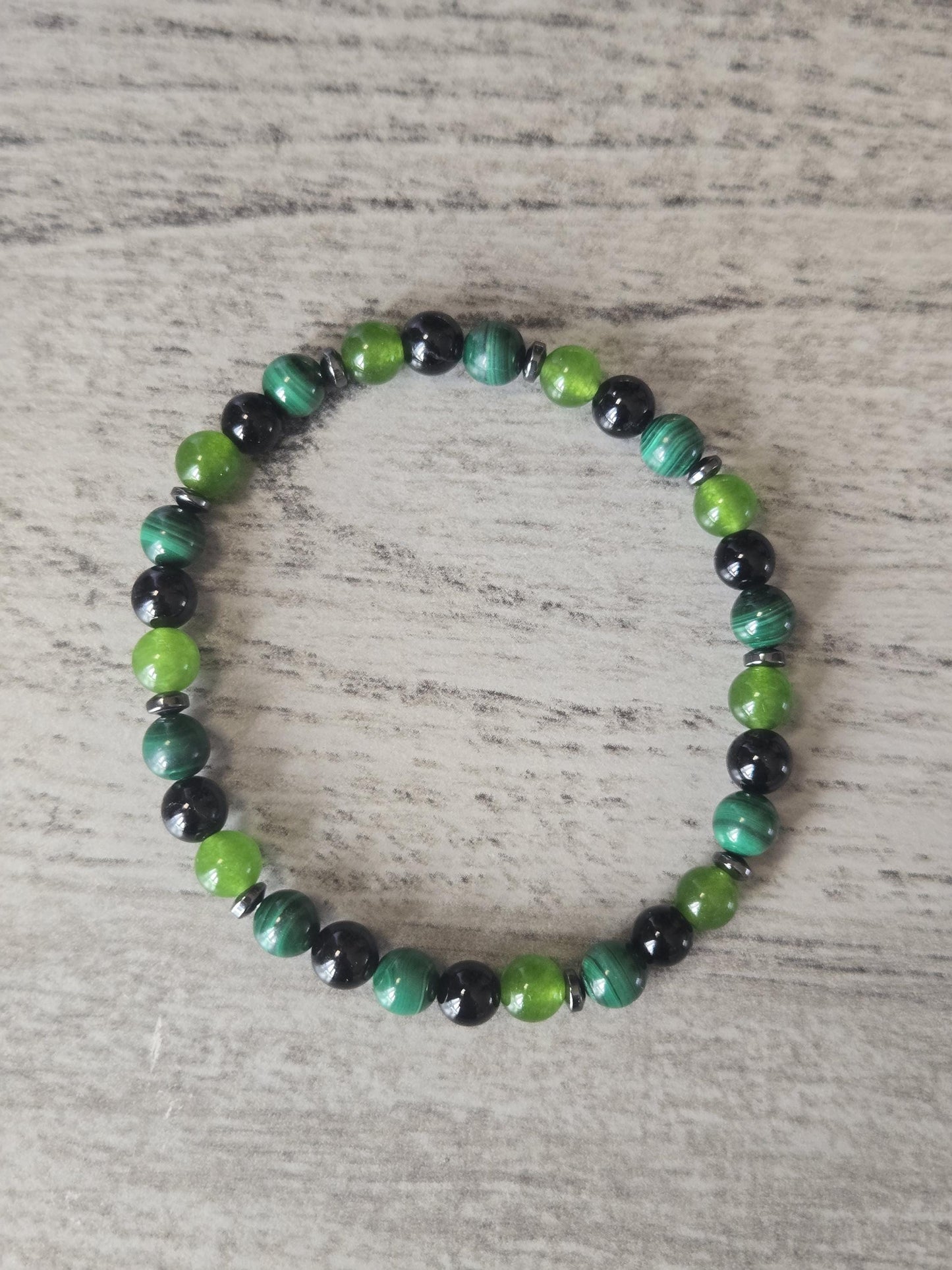 Handmade Jade, Malachite & Onyx Gemstone Bracelet: Grounding, Protection