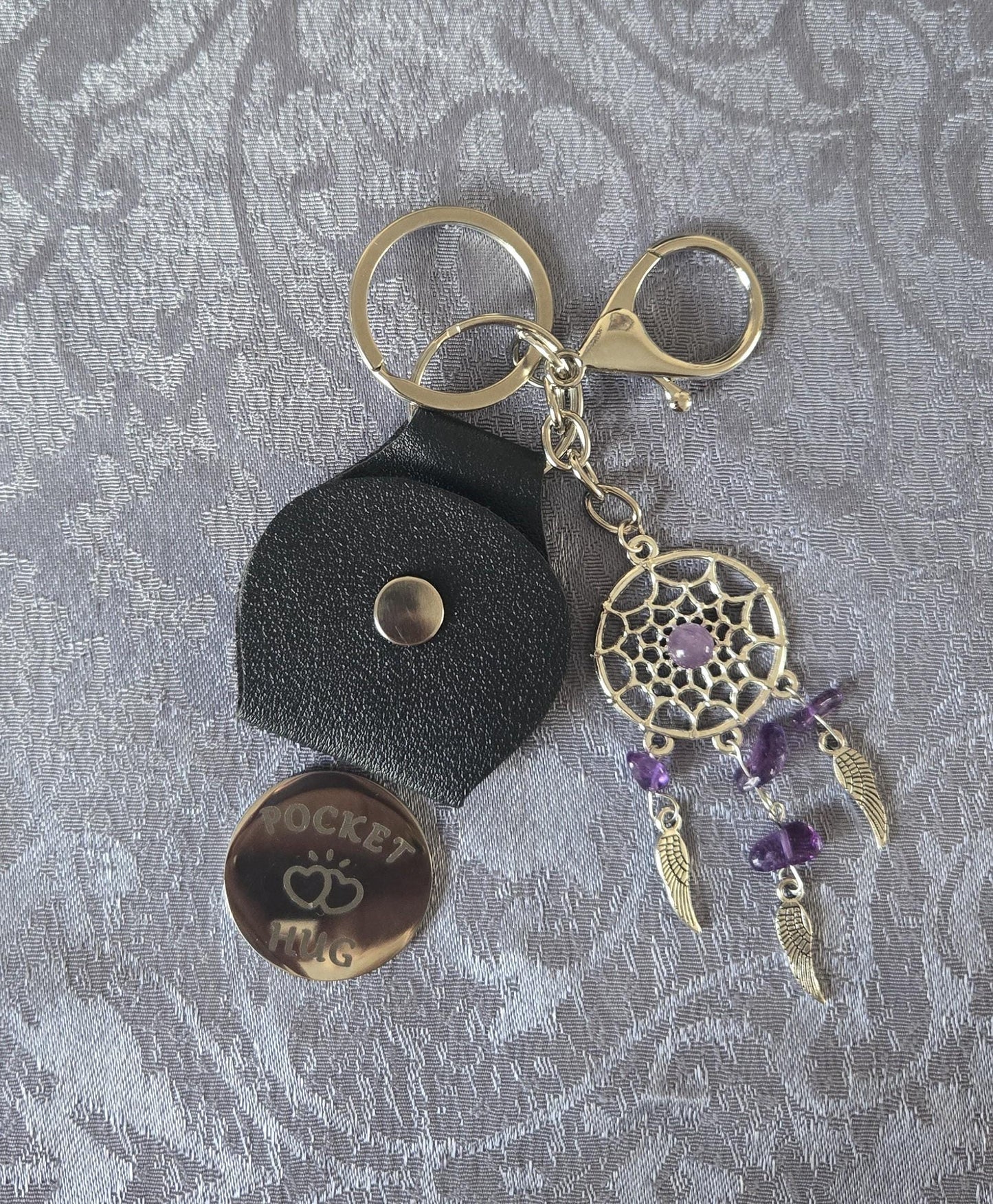 Black Leather Pocket Hug with Crystal Gemstone Silver Charm and Angel