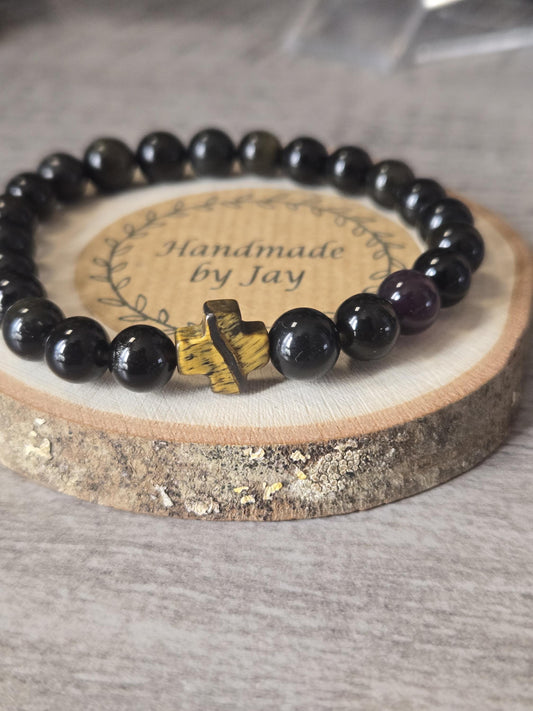 Black Obsidan and Tigers Eye Cross Crystal Beaded Gemstone Bracelet