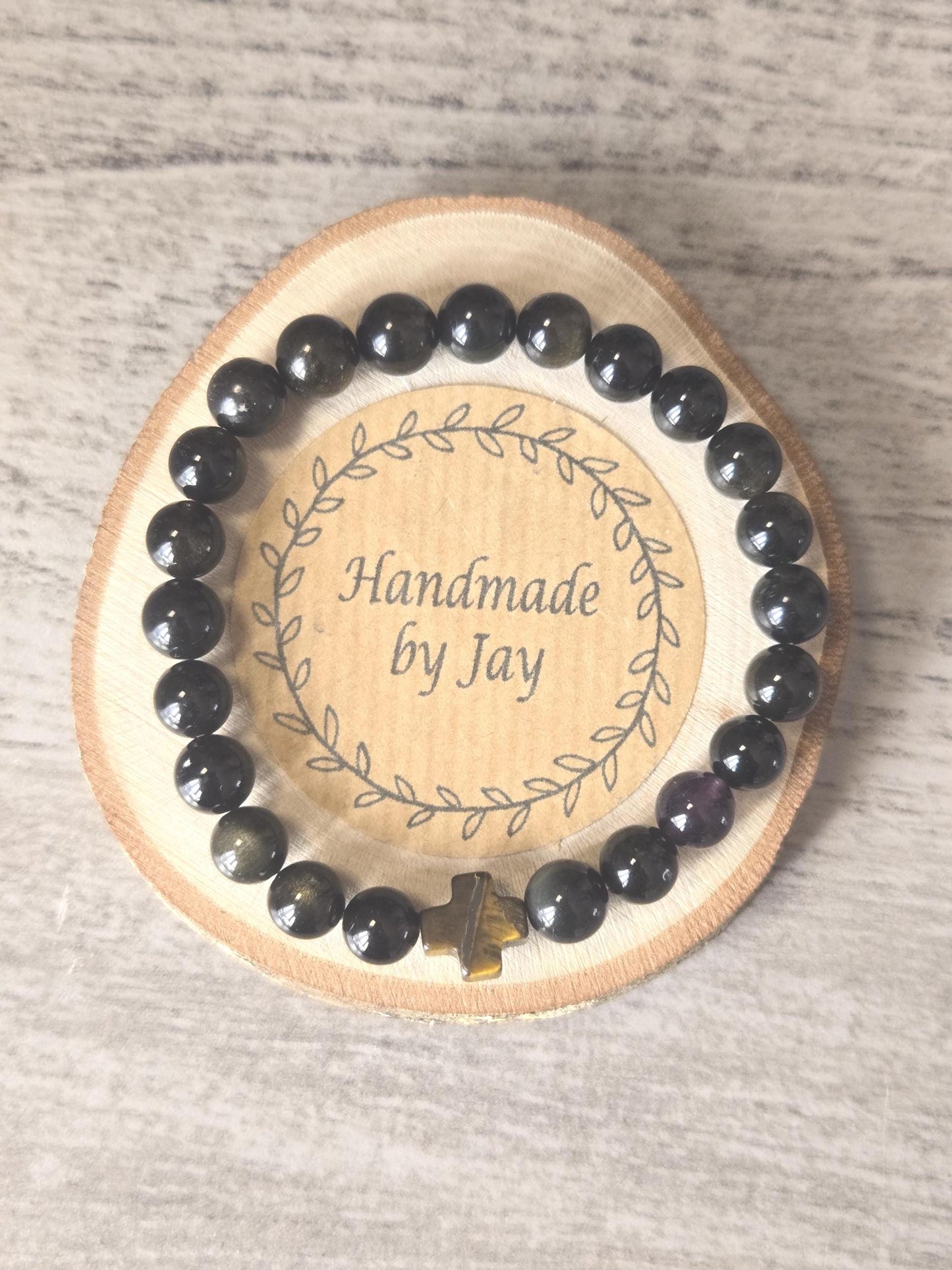 Black Obsidan and Tigers Eye  Crystal Beaded Gemstone Bracelet