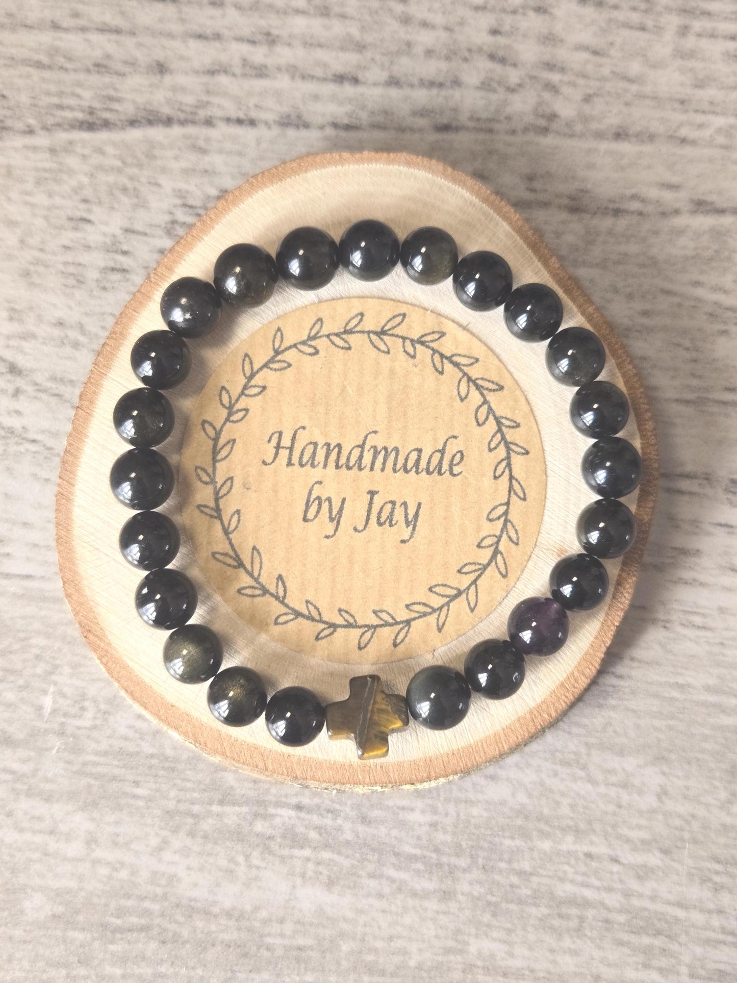 Black Obsidan and Tigers Eye Cross Crystal Beaded Gemstone Bracelet