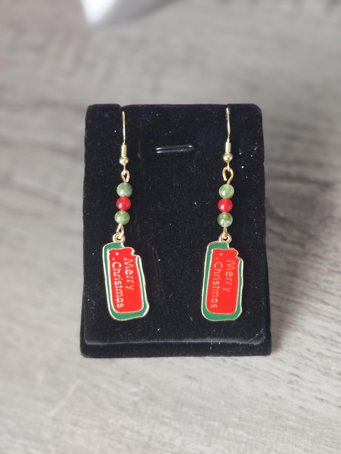 Handmade Christmas Charm Drop Earrings: Green Jade, Red Carnelian and Sterling Silver