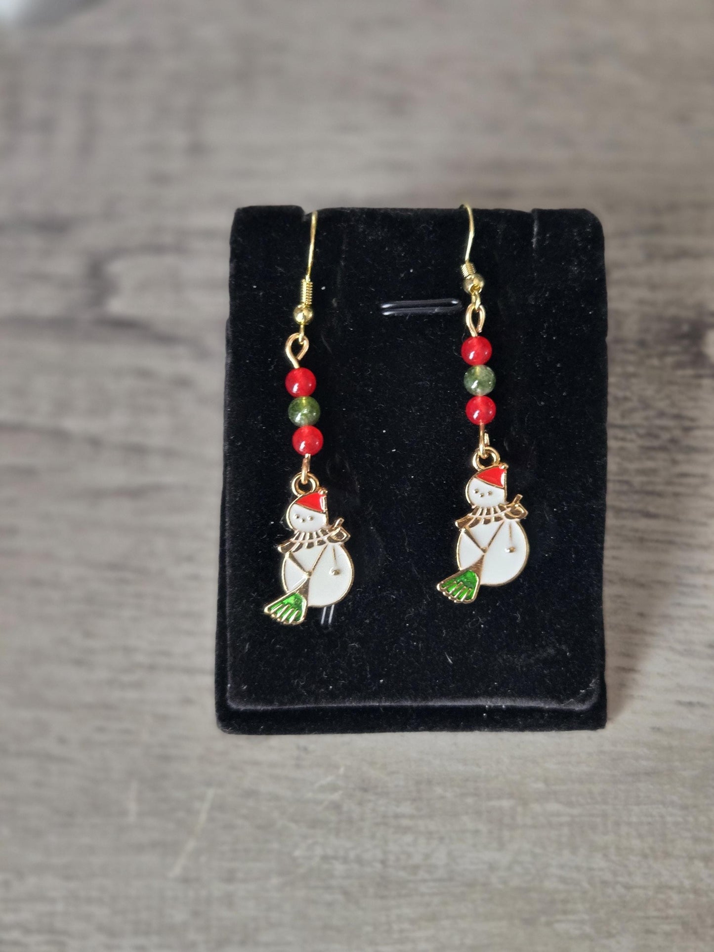 Handmade Christmas Charm Drop Earrings: Green Jade, Red Carnelian and Sterling Silver